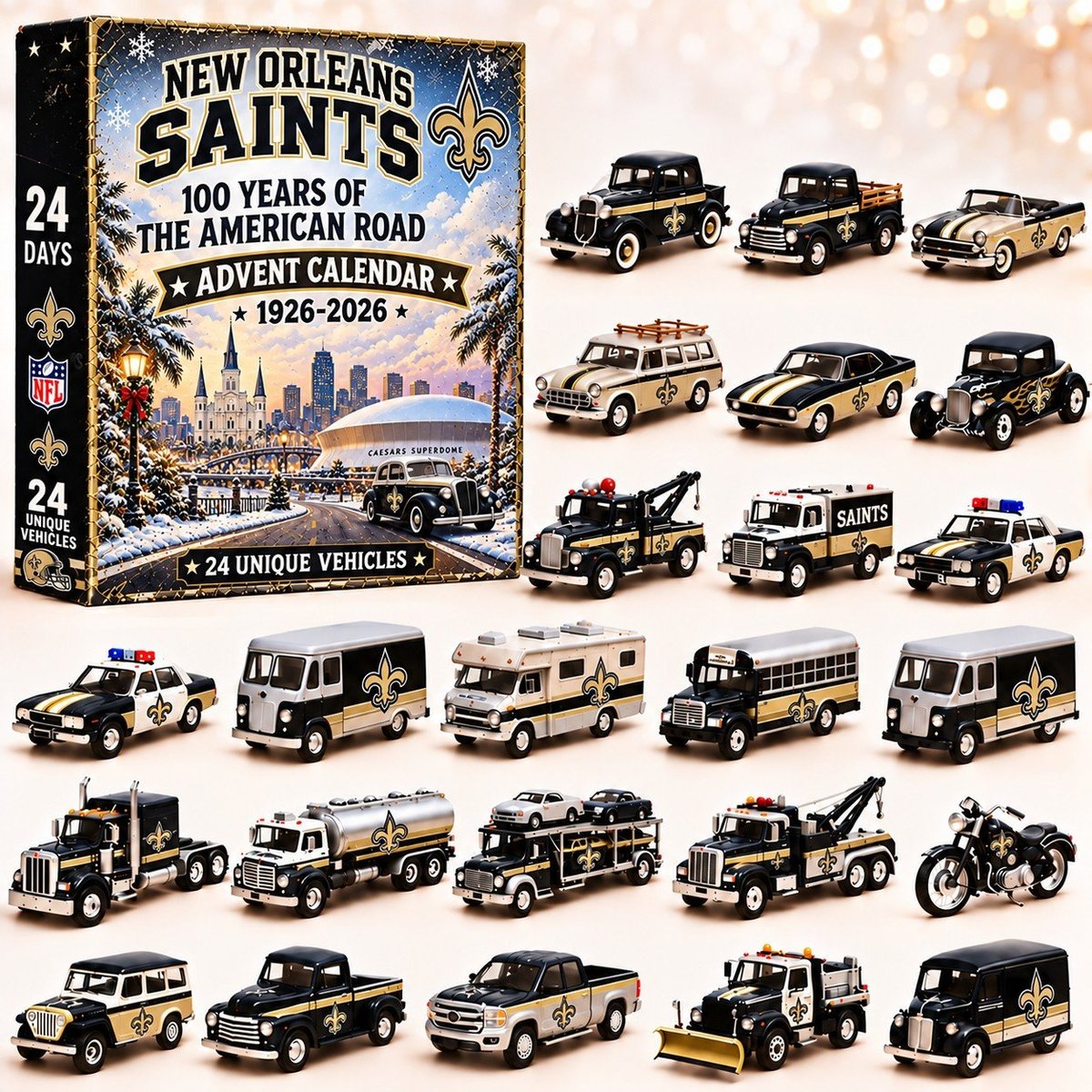 New Orleans Saints NFL 2026 Advent Calendar – 100 Years of the American Road, 24 Collectible Vehicles, Christmas Gift for Football Fans