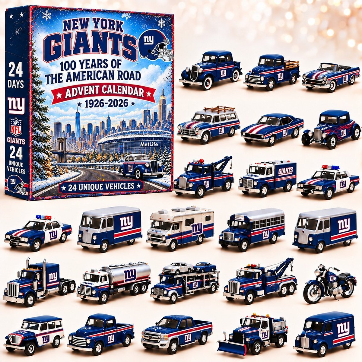 New York Giants NFL 2026 Advent Calendar – 100 Years of the American Road, 24 Collectible Vehicles, Christmas Gift for Football Fans