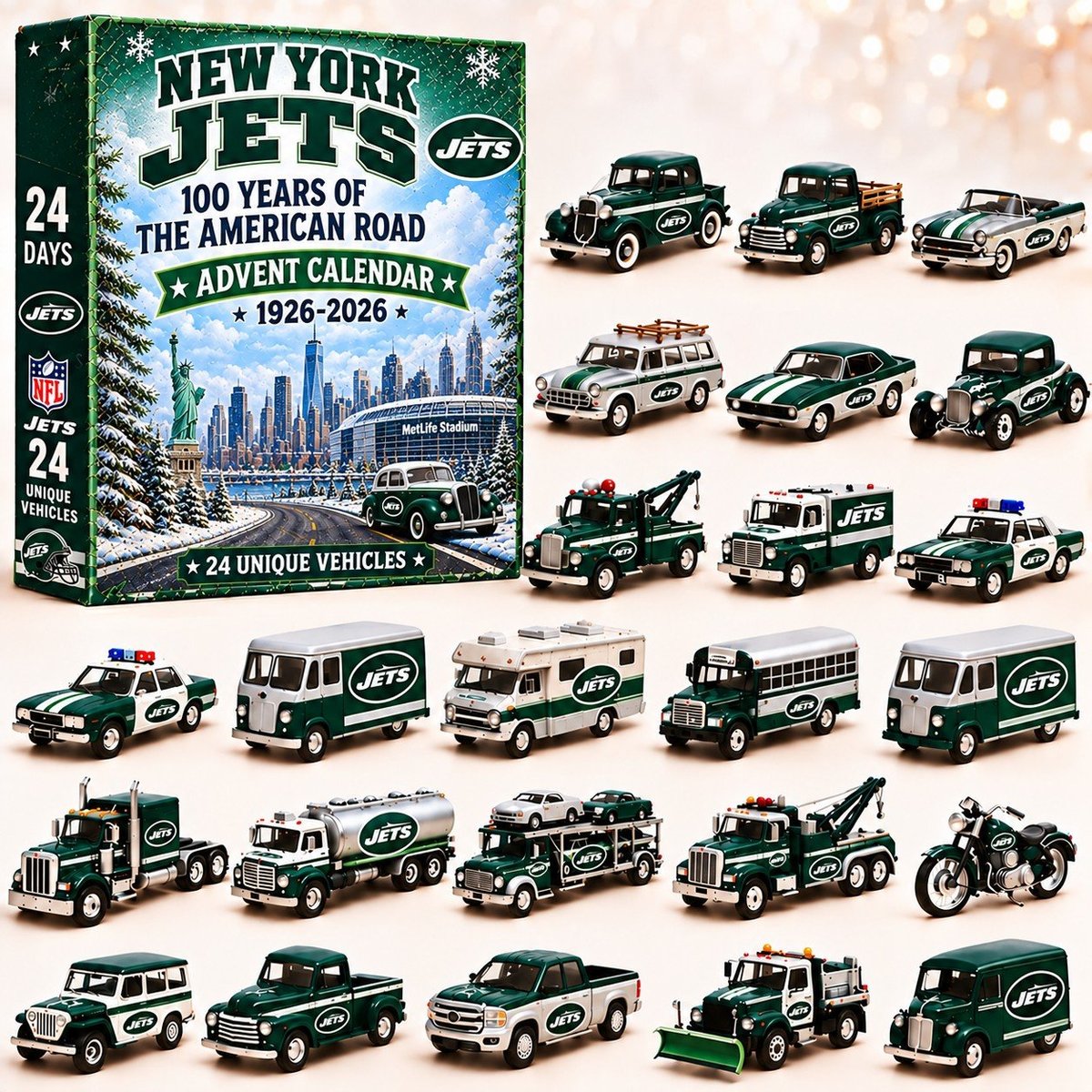 New York Jets NFL 2026 Advent Calendar – 100 Years of the American Road, 24 Collectible Vehicles, Christmas Gift for Football Fans