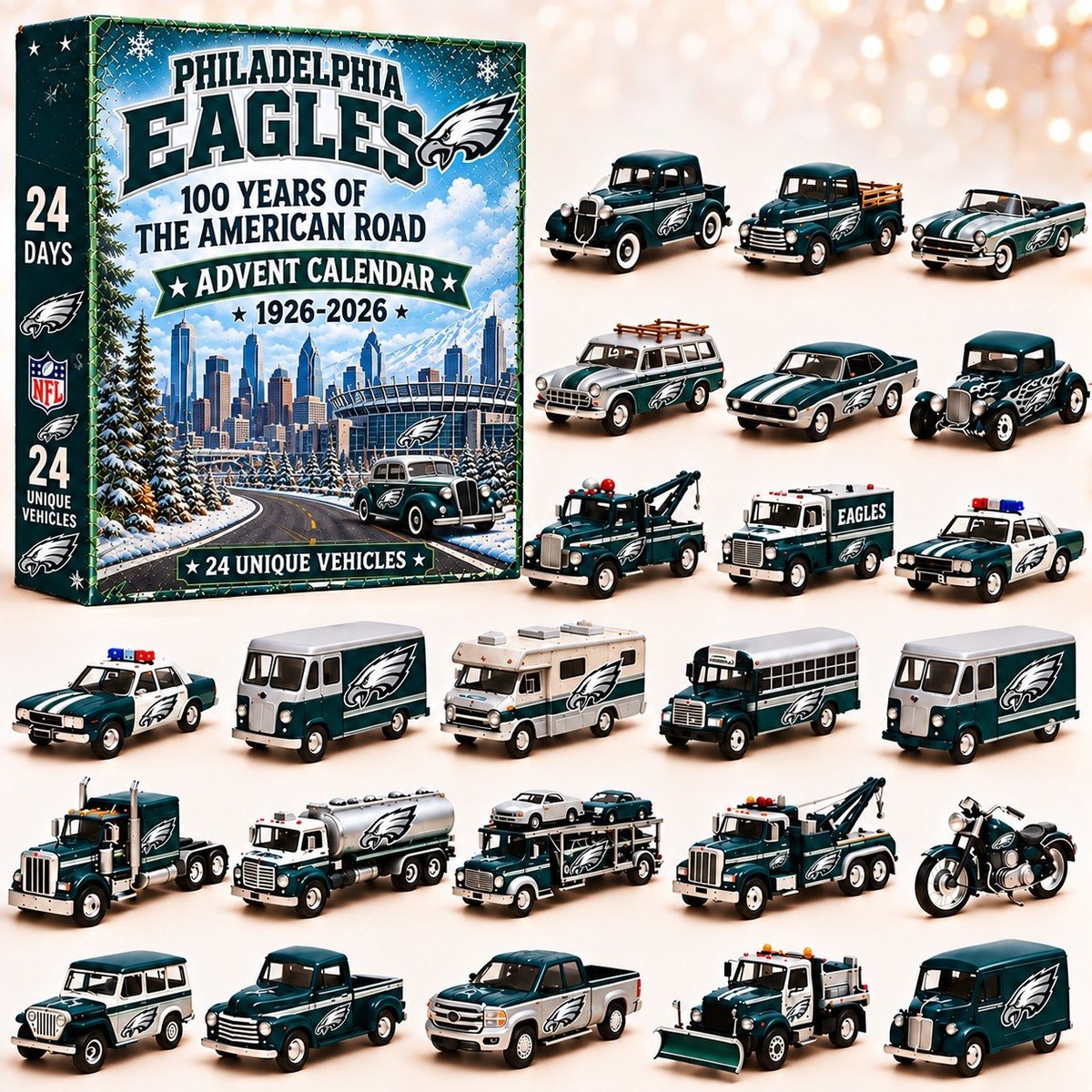 Philadelphia Eagles NFL 2026 Advent Calendar – 100 Years of the American Road, 24 Collectible Vehicles, Christmas Gift for Football Fans