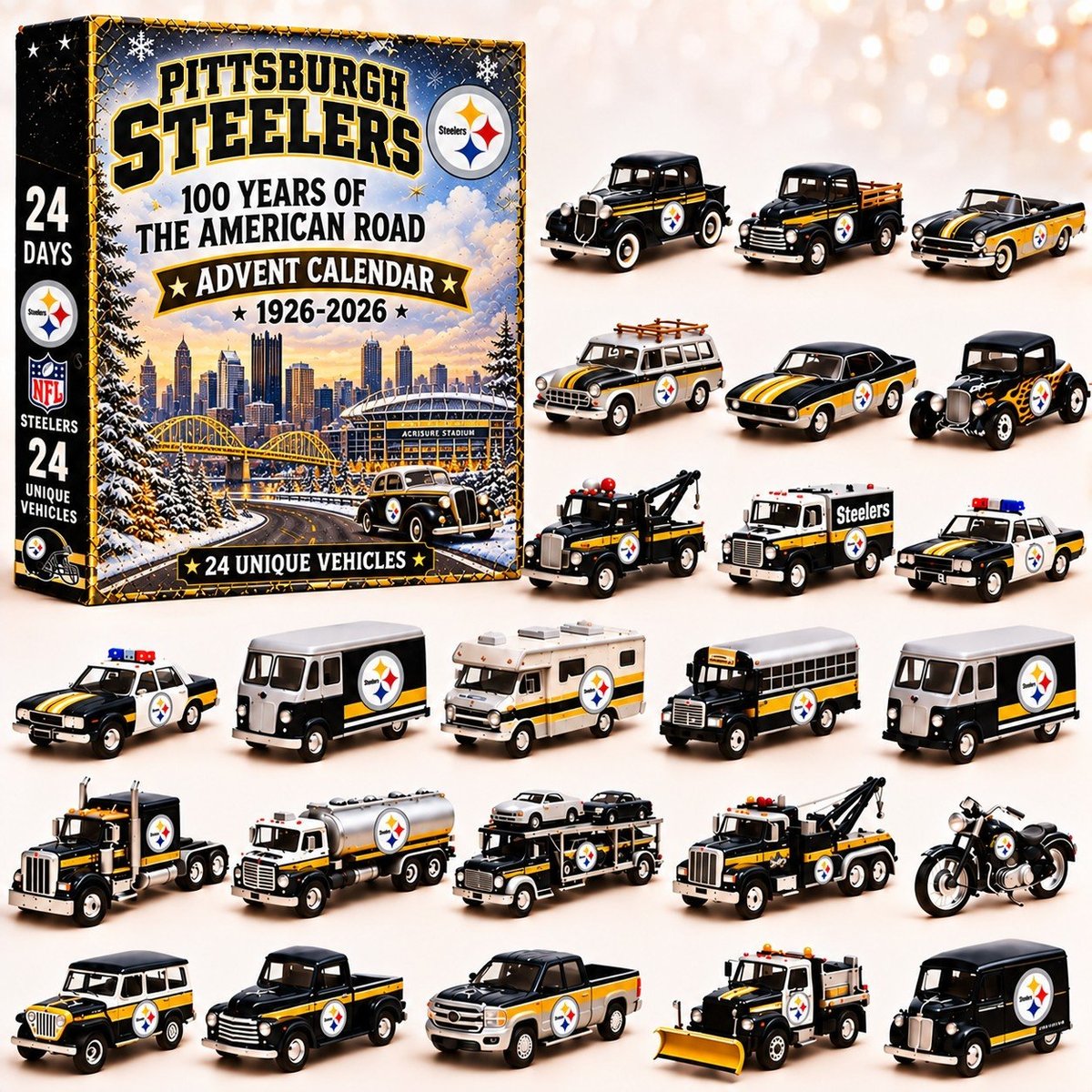 Pittsburgh Steelers NFL 2026 Advent Calendar – 100 Years of the American Road, 24 Collectible Vehicles, Christmas Gift for Football Fans