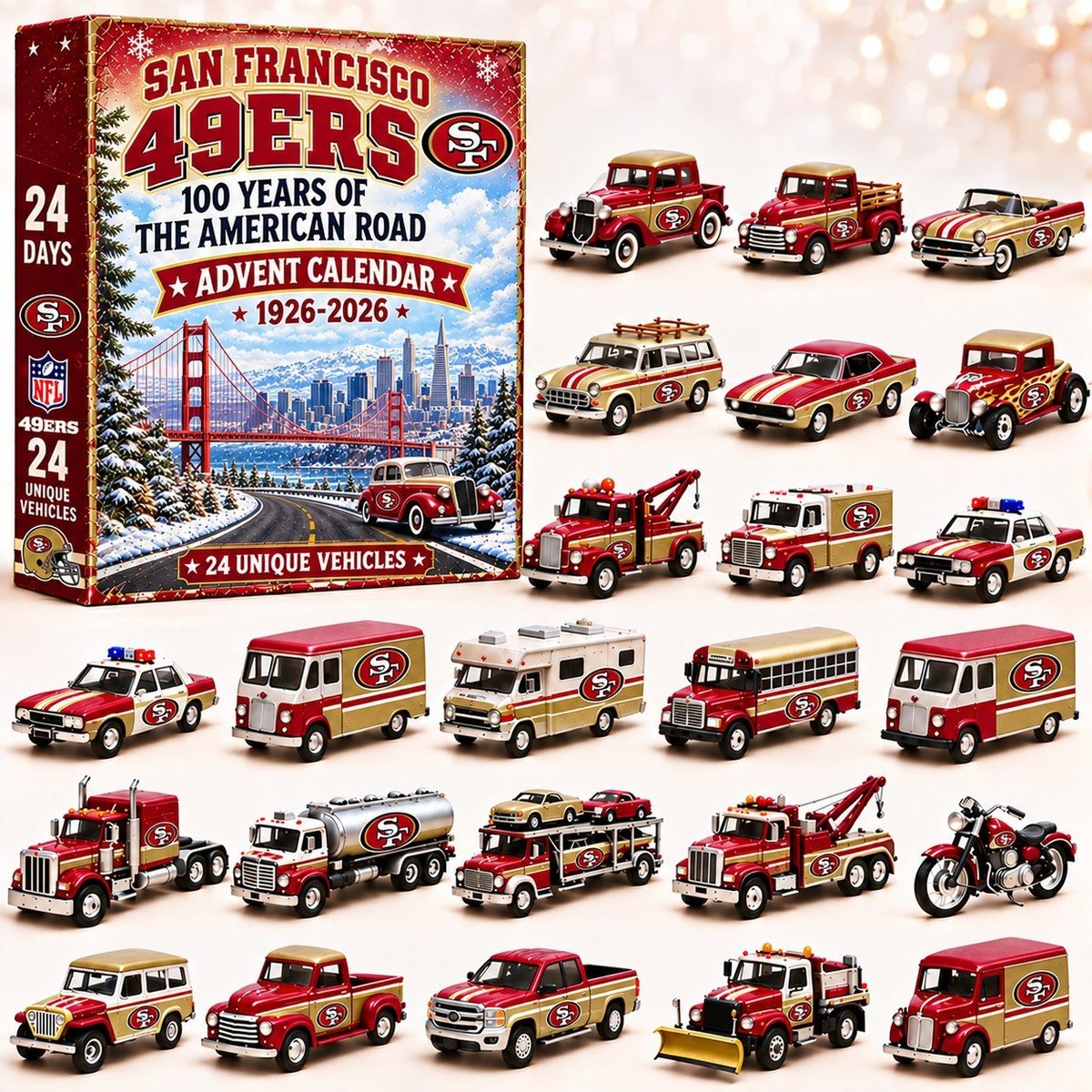 San Francisco 49ers NFL 2026 Advent Calendar – 100 Years of the American Road, 24 Collectible Vehicles, Christmas Gift for Football Fans