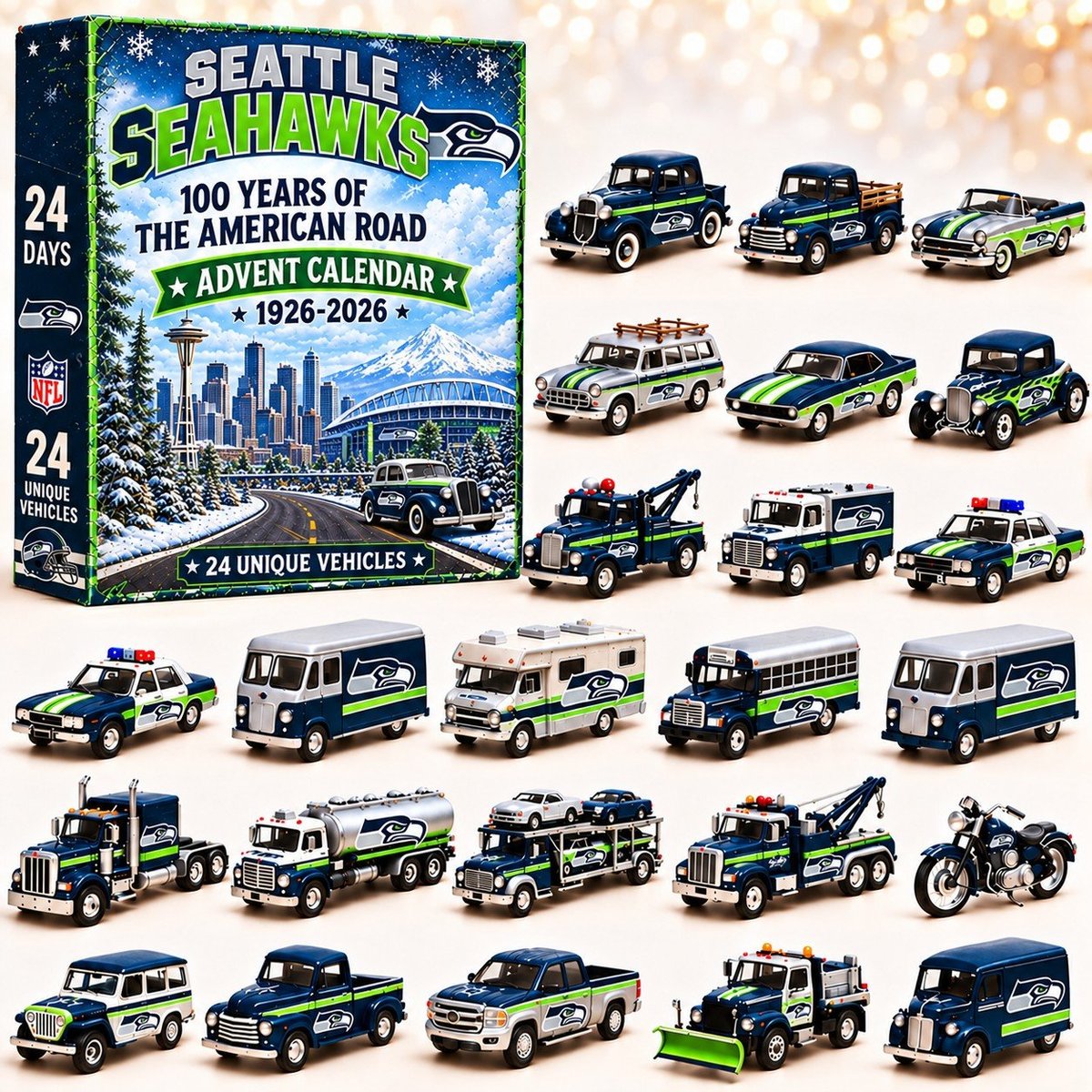 Seattle Seahawks NFL 2026 Advent Calendar – 100 Years of the American Road, 24 Collectible Vehicles, Christmas Gift for Football Fans