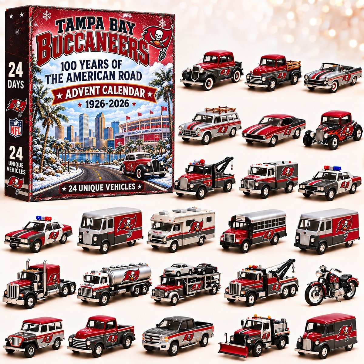 Tampa Bay Buccaneers NFL 2026 Advent Calendar – 100 Years of the American Road, 24 Collectible Vehicles, Christmas Gift for Football Fans