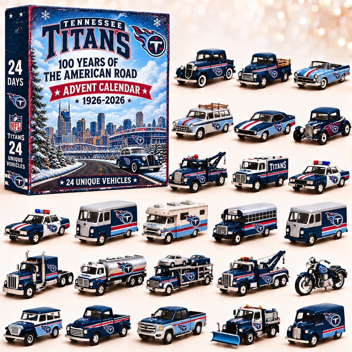 Tennessee Titans NFL 2026 Advent Calendar – 100 Years of the American Road, 24 Collectible Vehicles, Christmas Gift for Football Fans