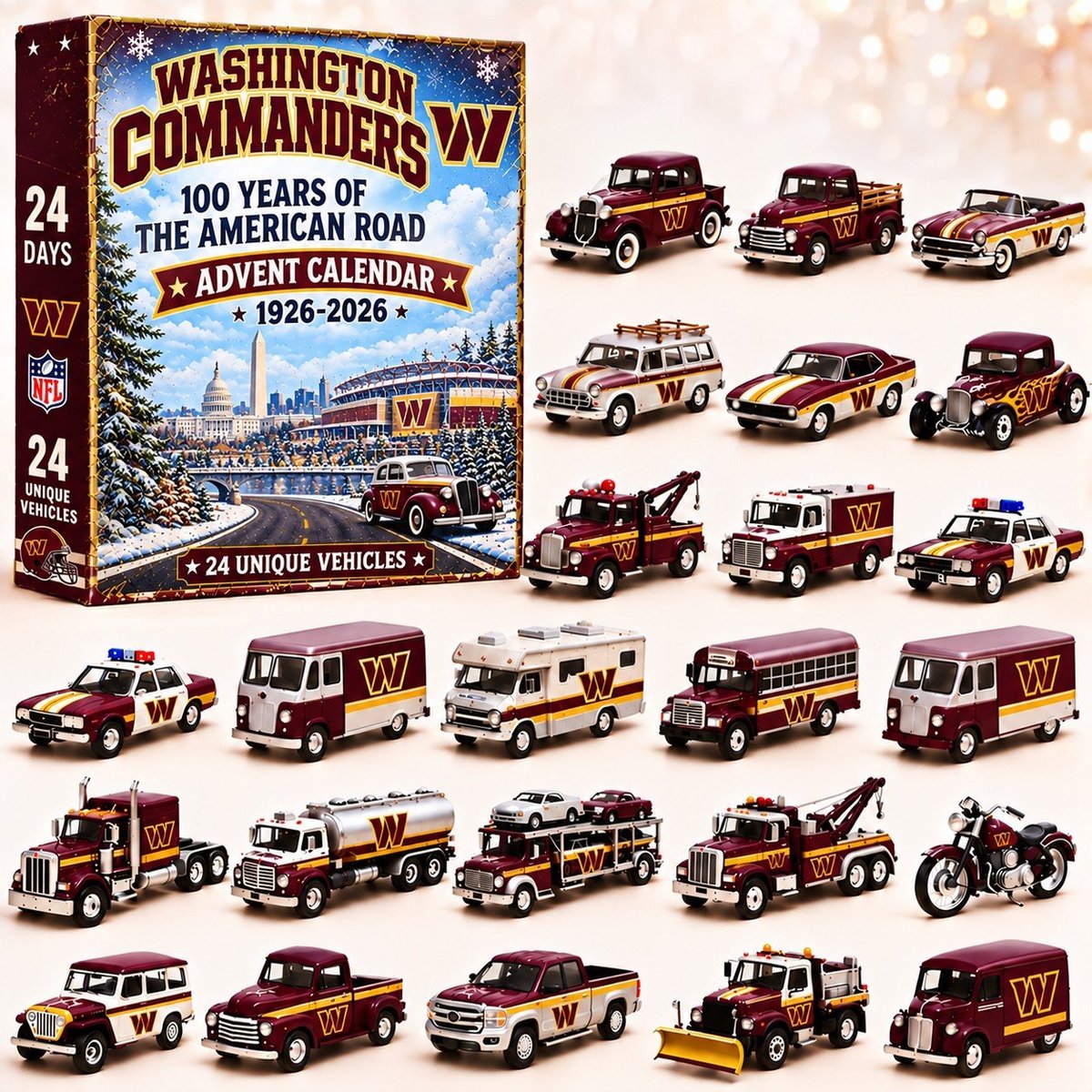 Washington Commanders NFL 2026 Advent Calendar – 100 Years of the American Road, 24 Collectible Vehicles, Christmas Gift for Football Fans