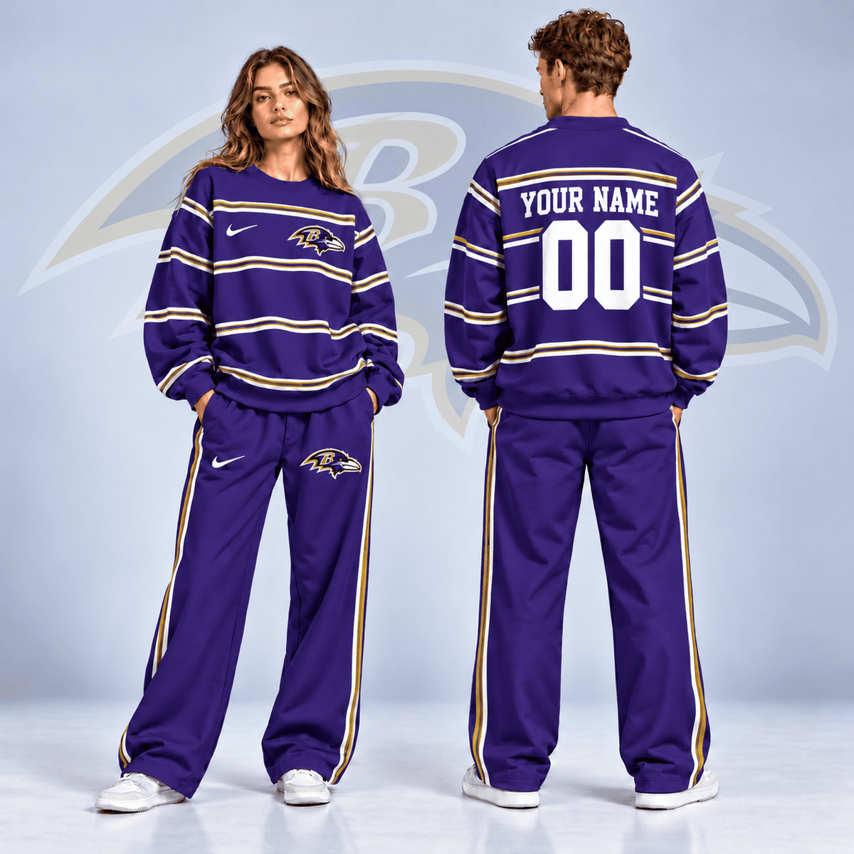 Baltimore Ravens NFL Team Sweatshirt & Wide Leg Pants Set – Personalized Football Fan Tracksuit