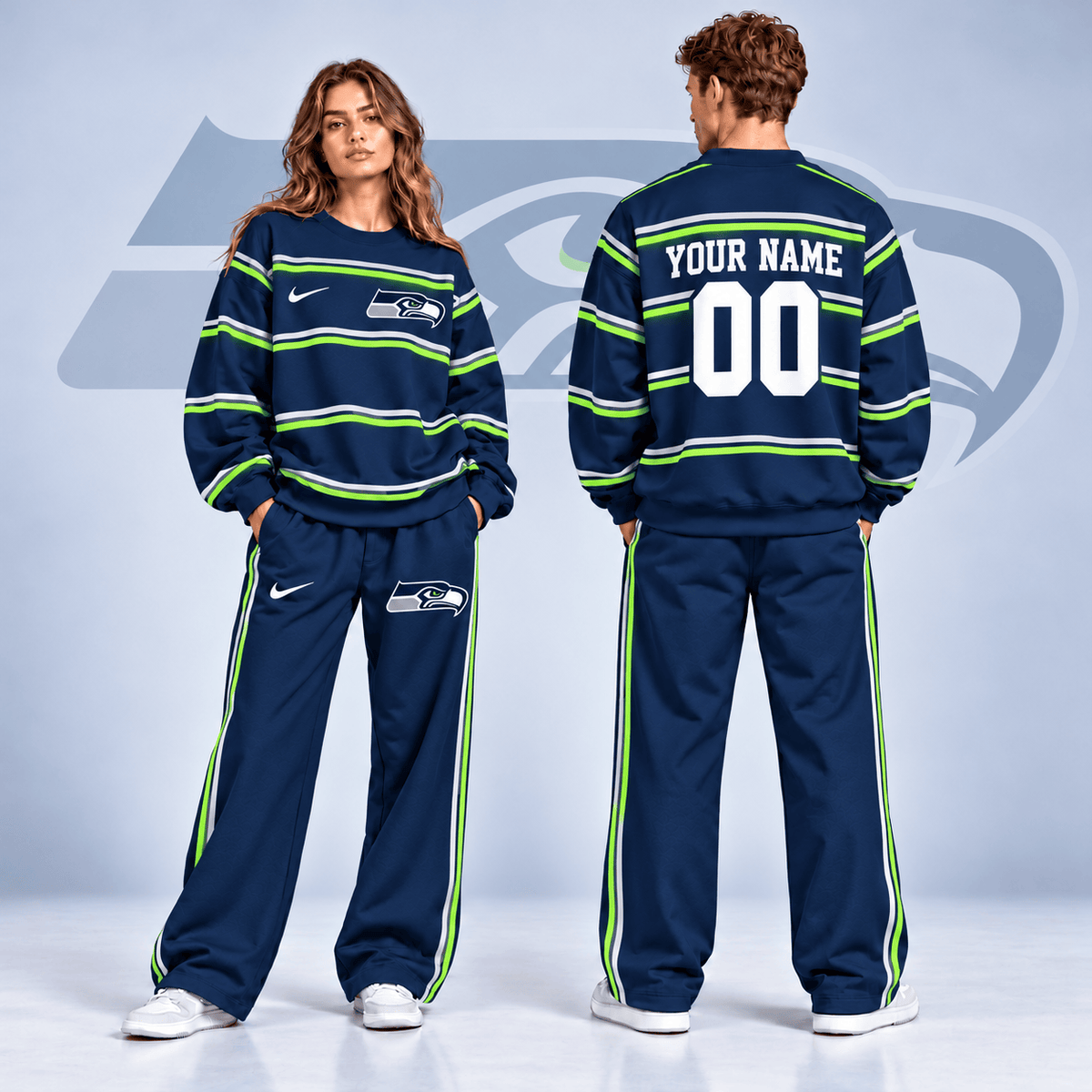 Seattle Seahawks NFL Team Sweatshirt & Wide Leg Pants Set – Personalized Football Fan Tracksuit