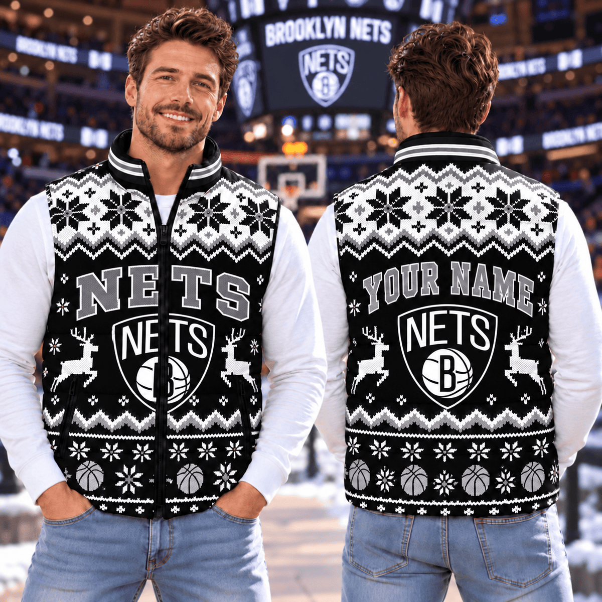 Brooklyn Nets NBA Personalized Puffer Jacket Christmas For Fan
