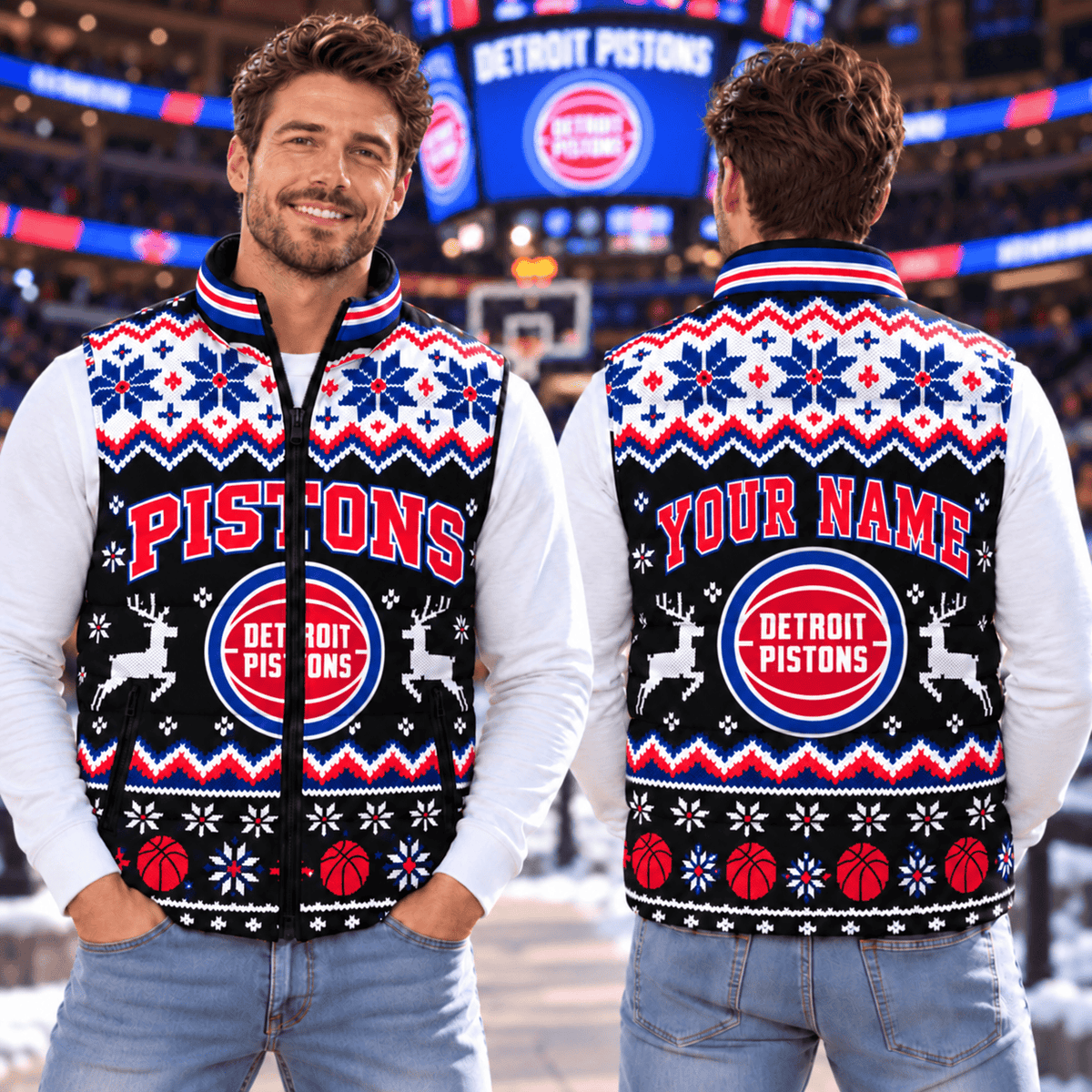 Detroit Pistons NBA Personalized Puffer Jacket Christmas For Fan