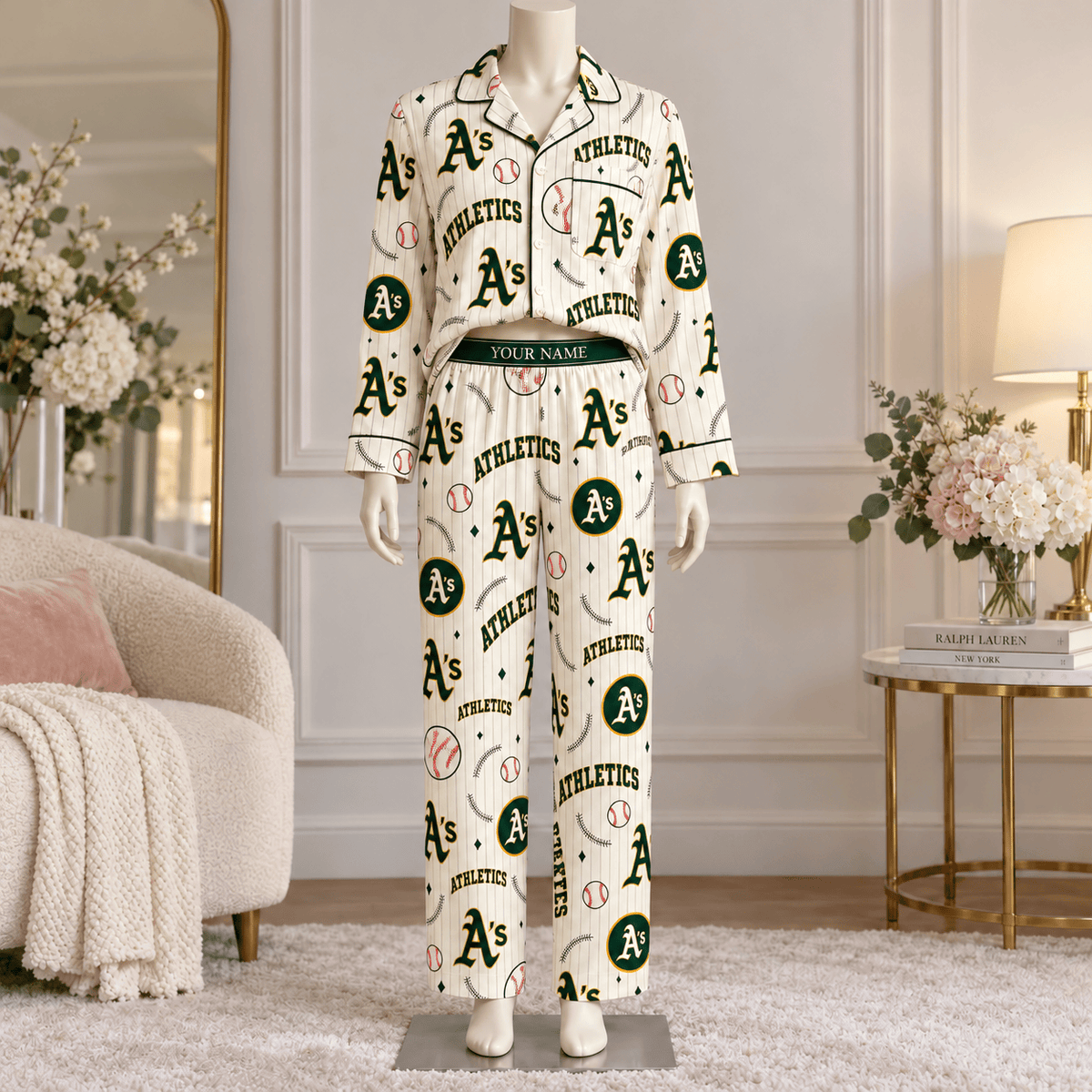 Athletics MLB Personalized Baseball Team Women's Long Sleeve Pajama Set