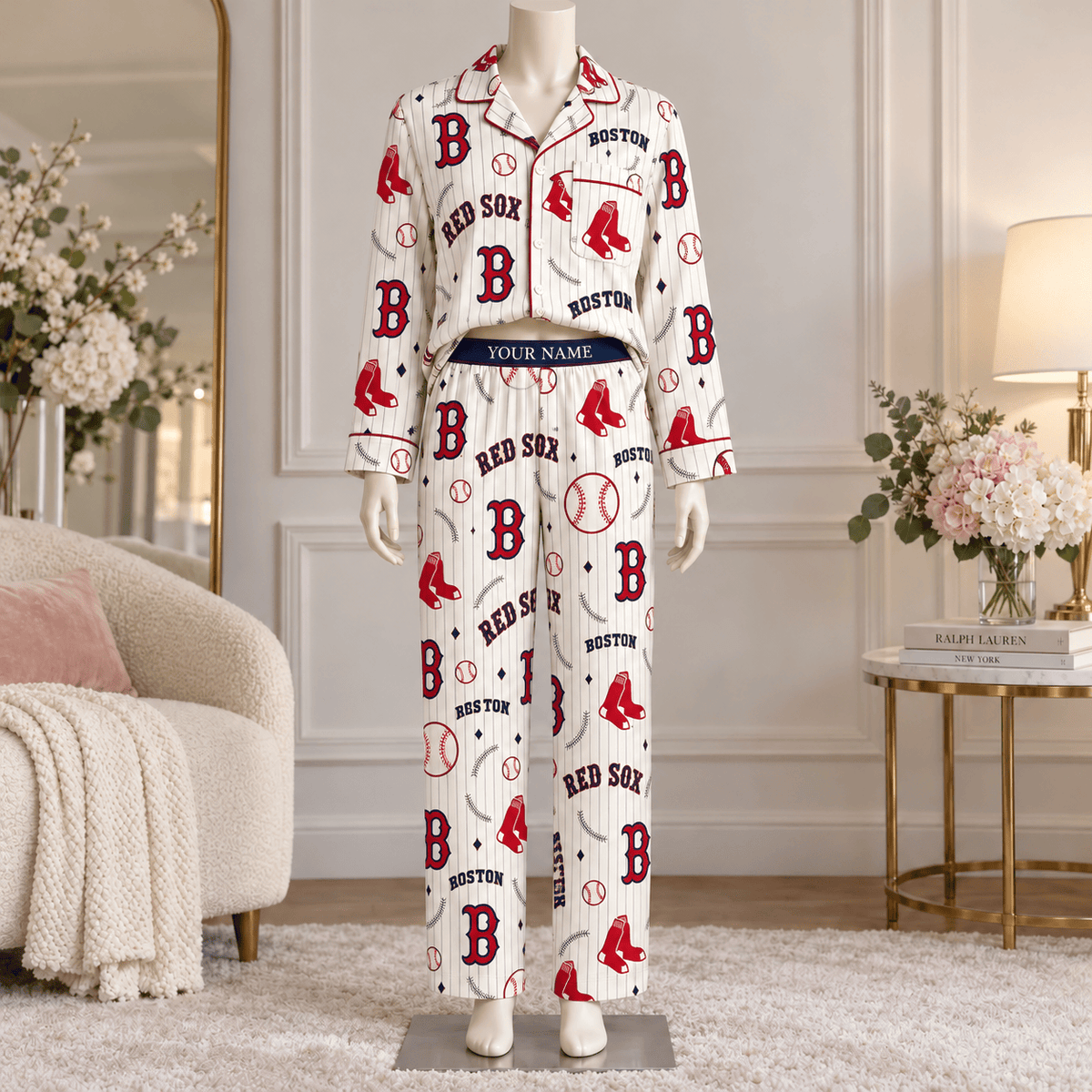 Boston Red Sox MLB Personalized Baseball Team Women's Long Sleeve Pajama Set