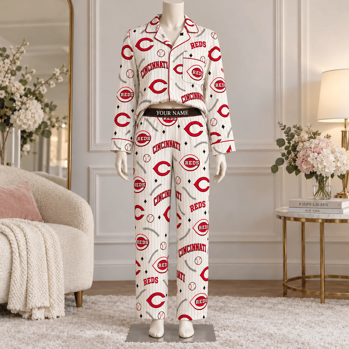 Cincinnati Reds MLB Personalized Baseball Team Women's Long Sleeve Pajama Set