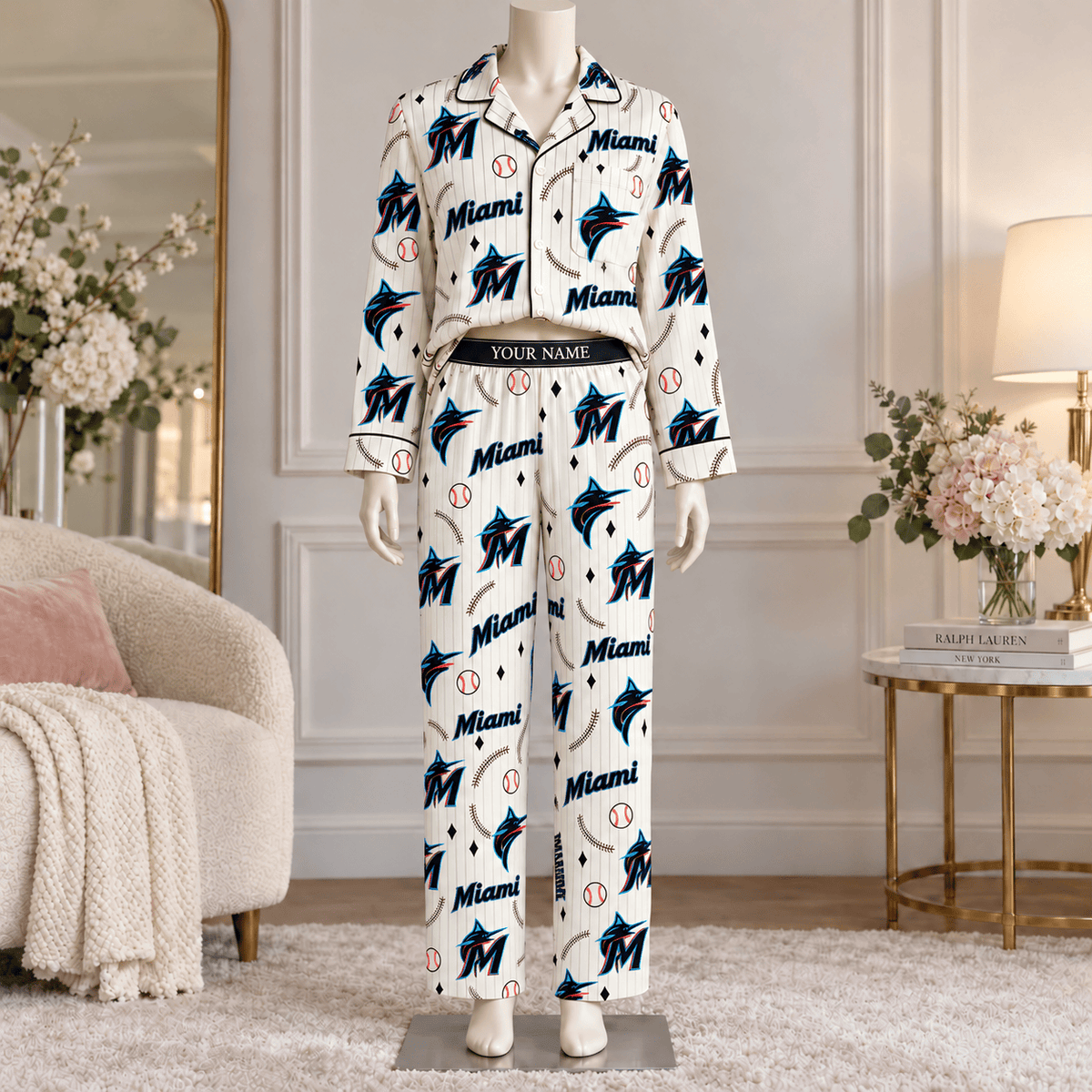 Miami Marlins MLB Personalized Baseball Team Women's Long Sleeve Pajama Set