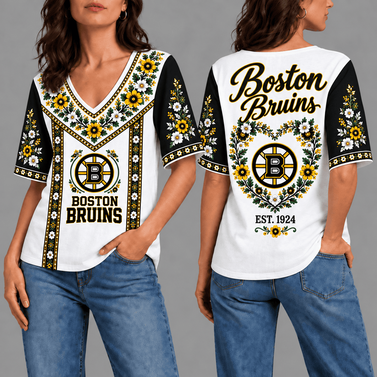 Boston Bruins NHL Team Floral V-Neck Shirt for Women