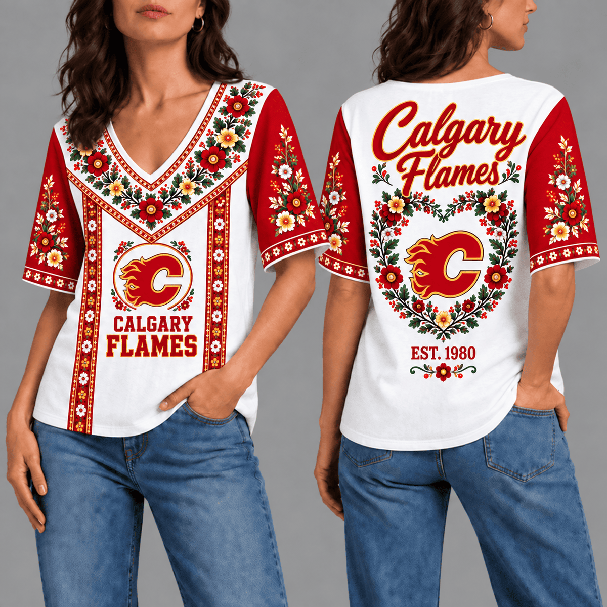 Calgary Flames NHL Team Floral V-Neck Shirt for Women