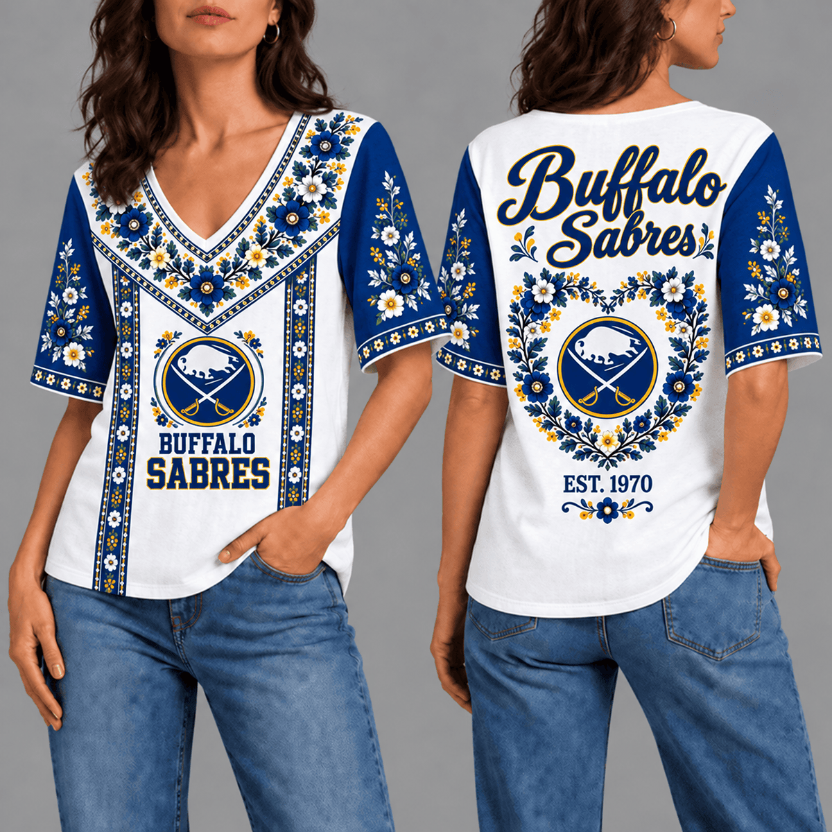Buffalo Sabres NHL Team Floral V-Neck Shirt for Women