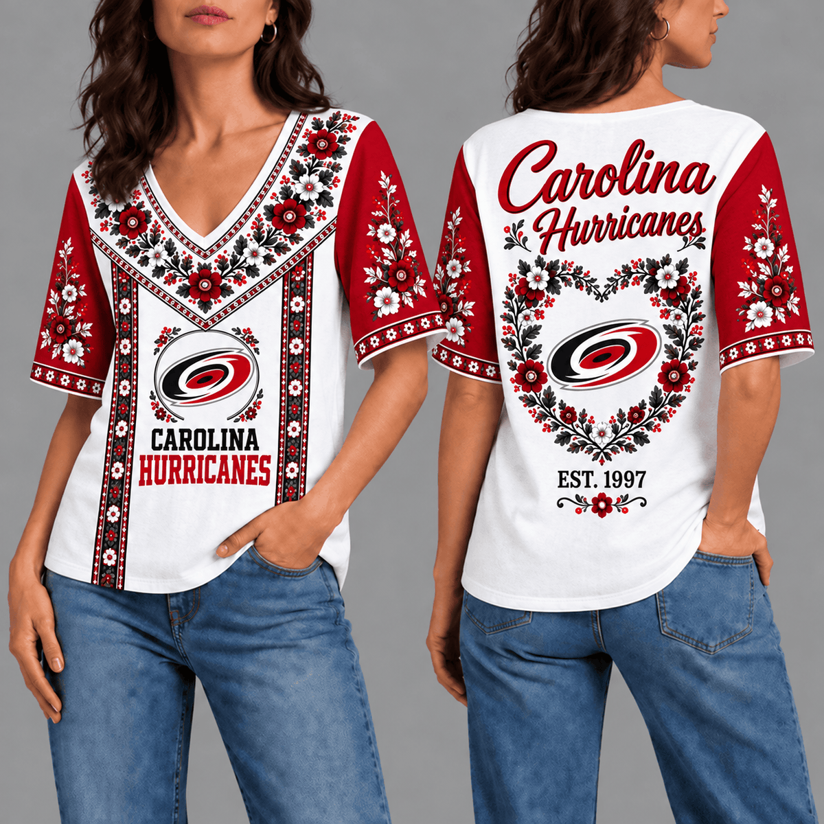 Carolina Hurricanes NHL Team Floral V-Neck Shirt for Women