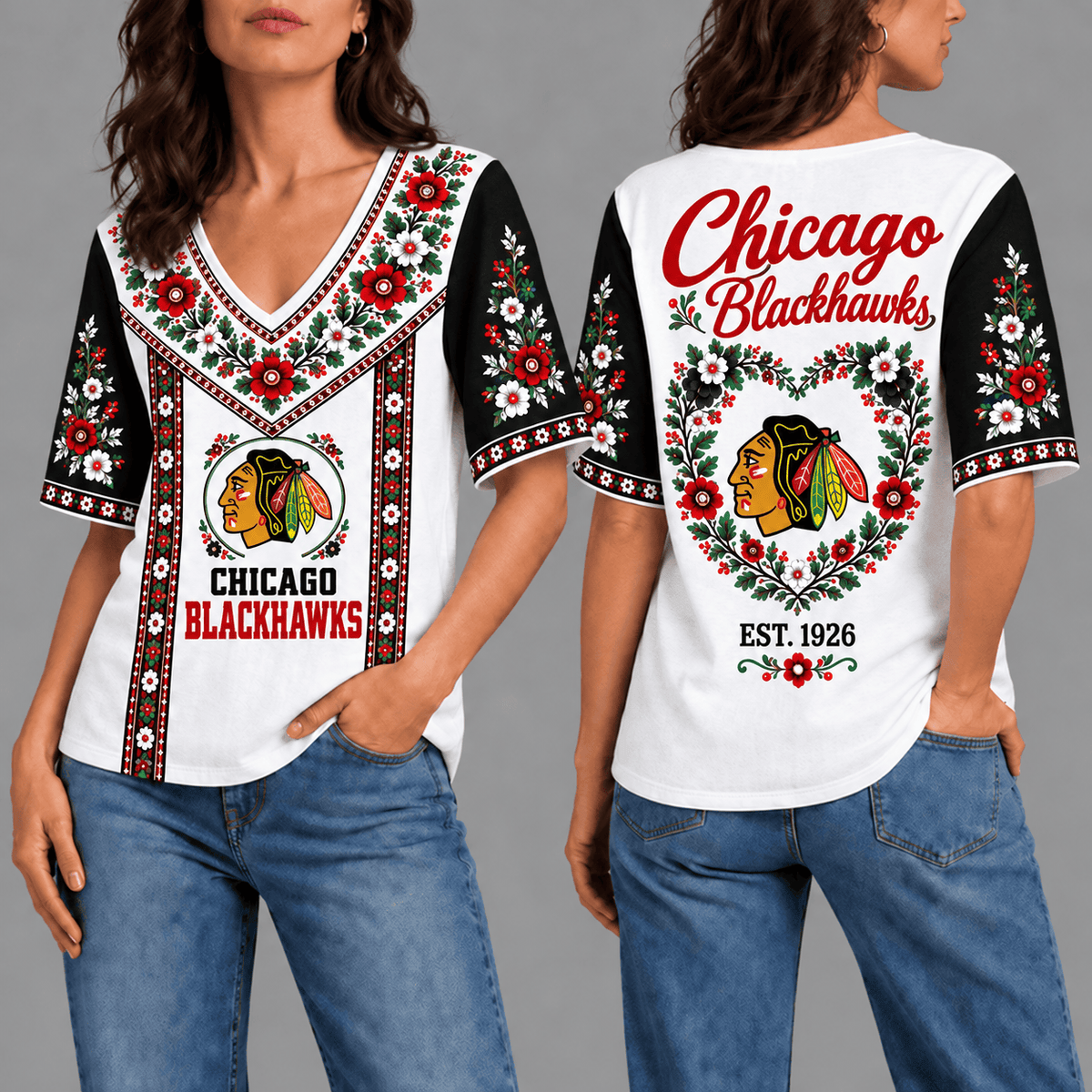 Chicago Blackhawks NHL Team Floral V-Neck Shirt for Women