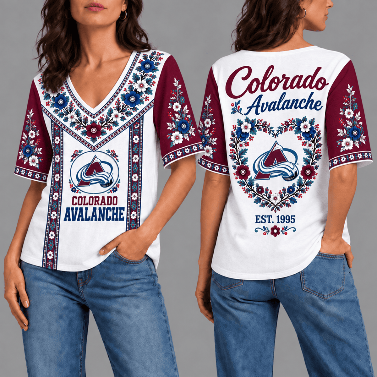 Colorado Avalanche NHL Team Floral V-Neck Shirt for Women