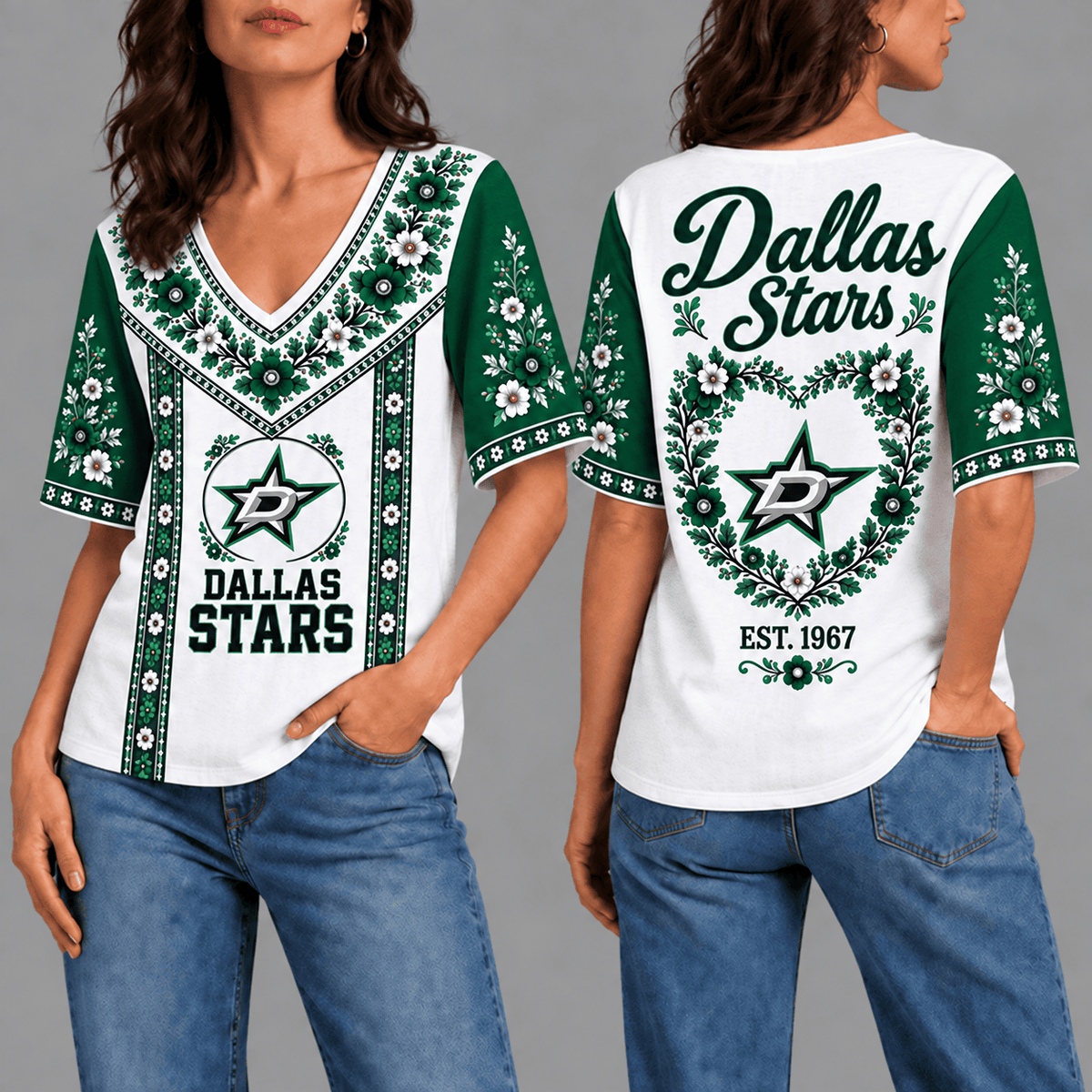 Dallas Stars NHL Team Floral V-Neck Shirt for Women