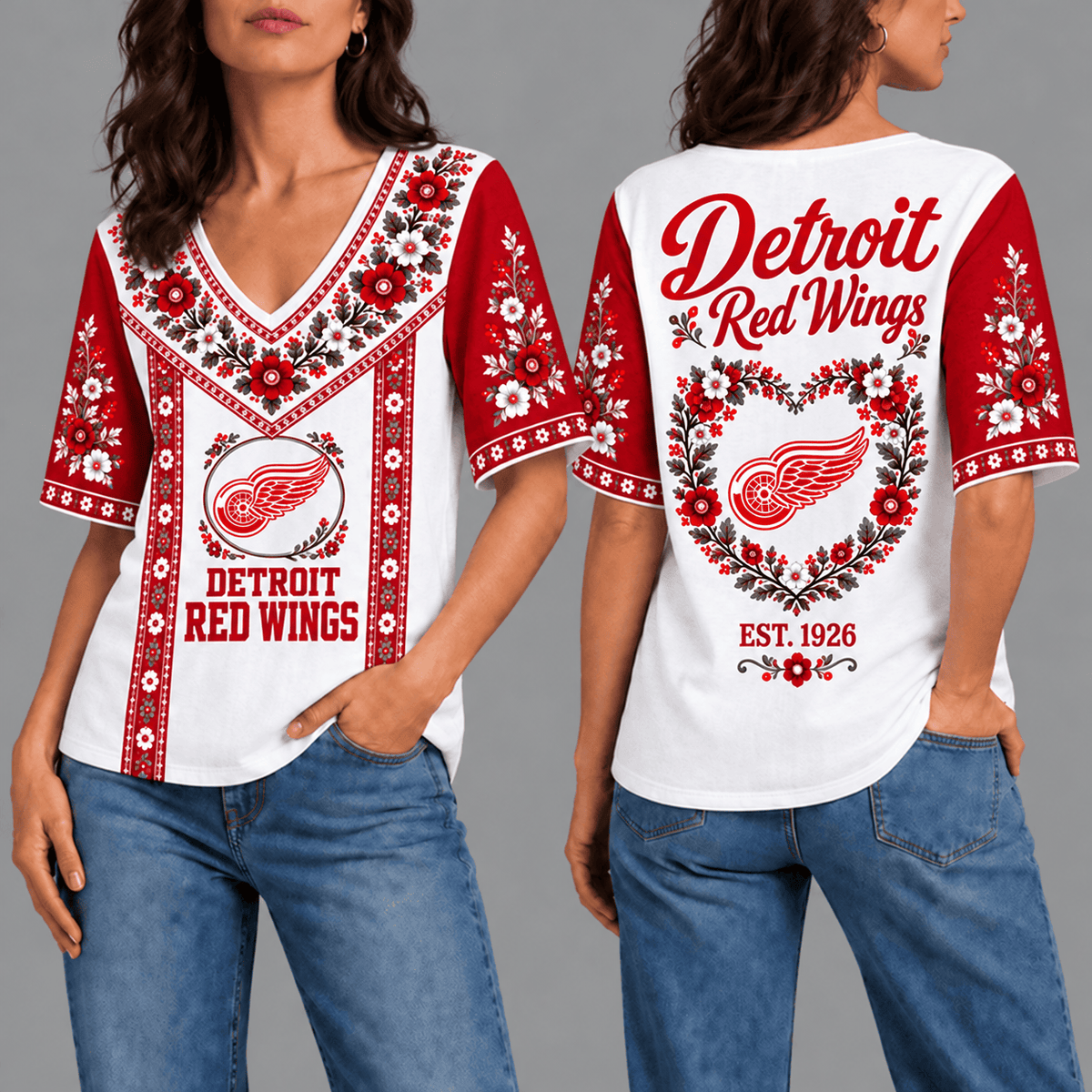 Detroit Red Wings NHL Team Floral V-Neck Shirt for Women