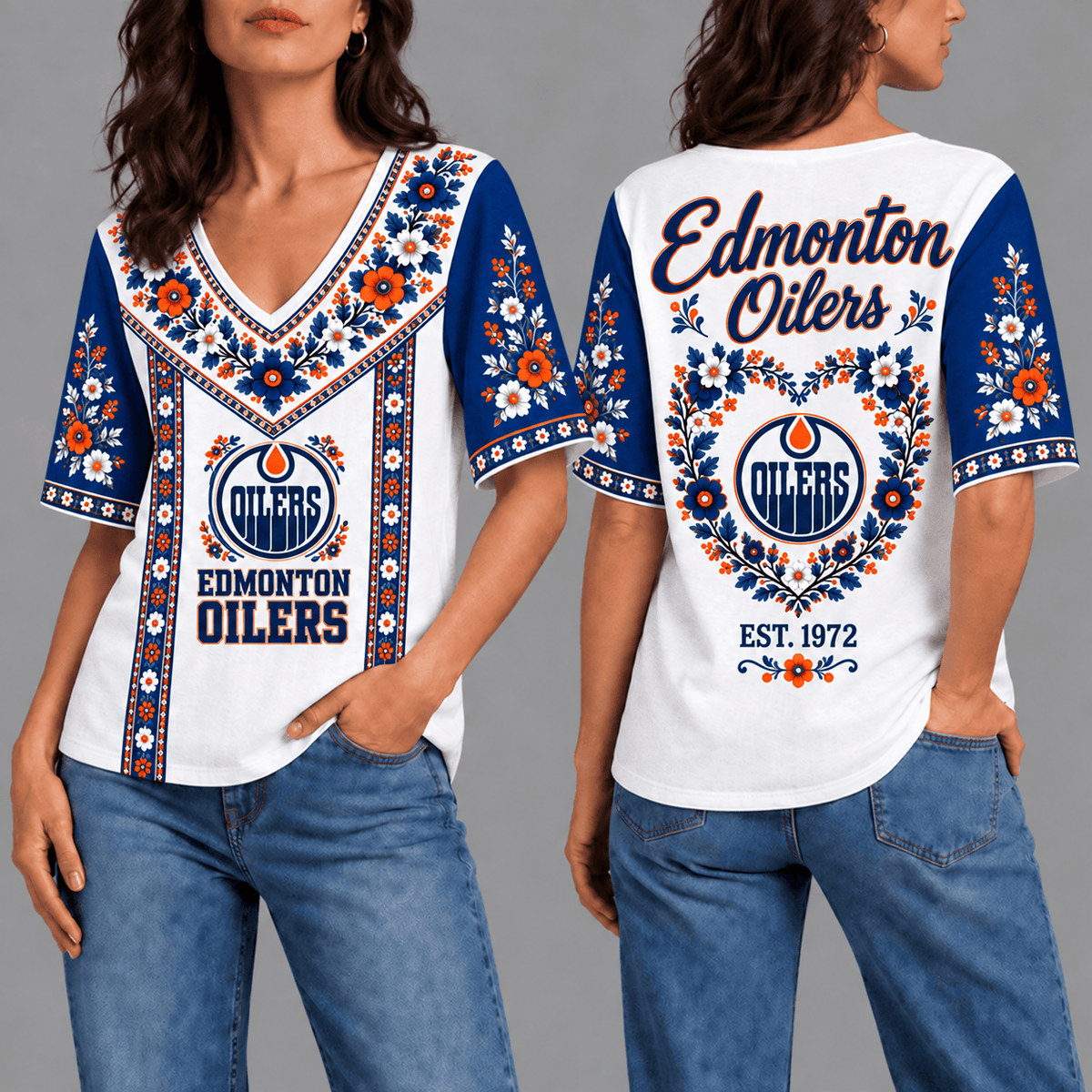 Edmonton Oilers NHL Team Floral V-Neck Shirt for Women