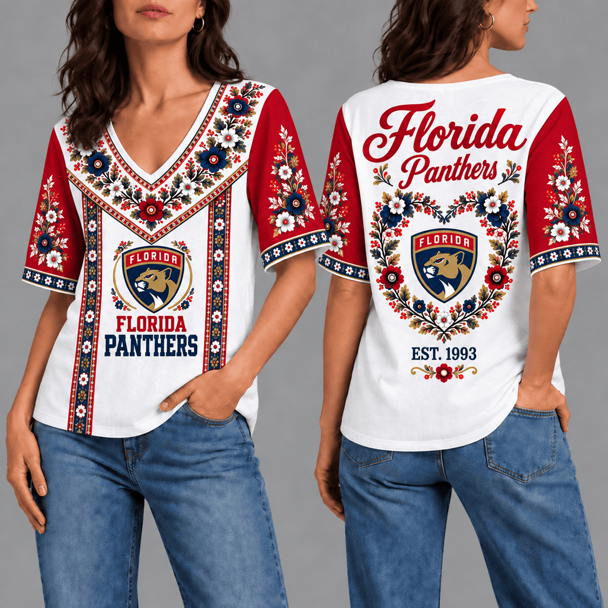 Florida Panthers NHL Team Floral V-Neck Shirt for Women