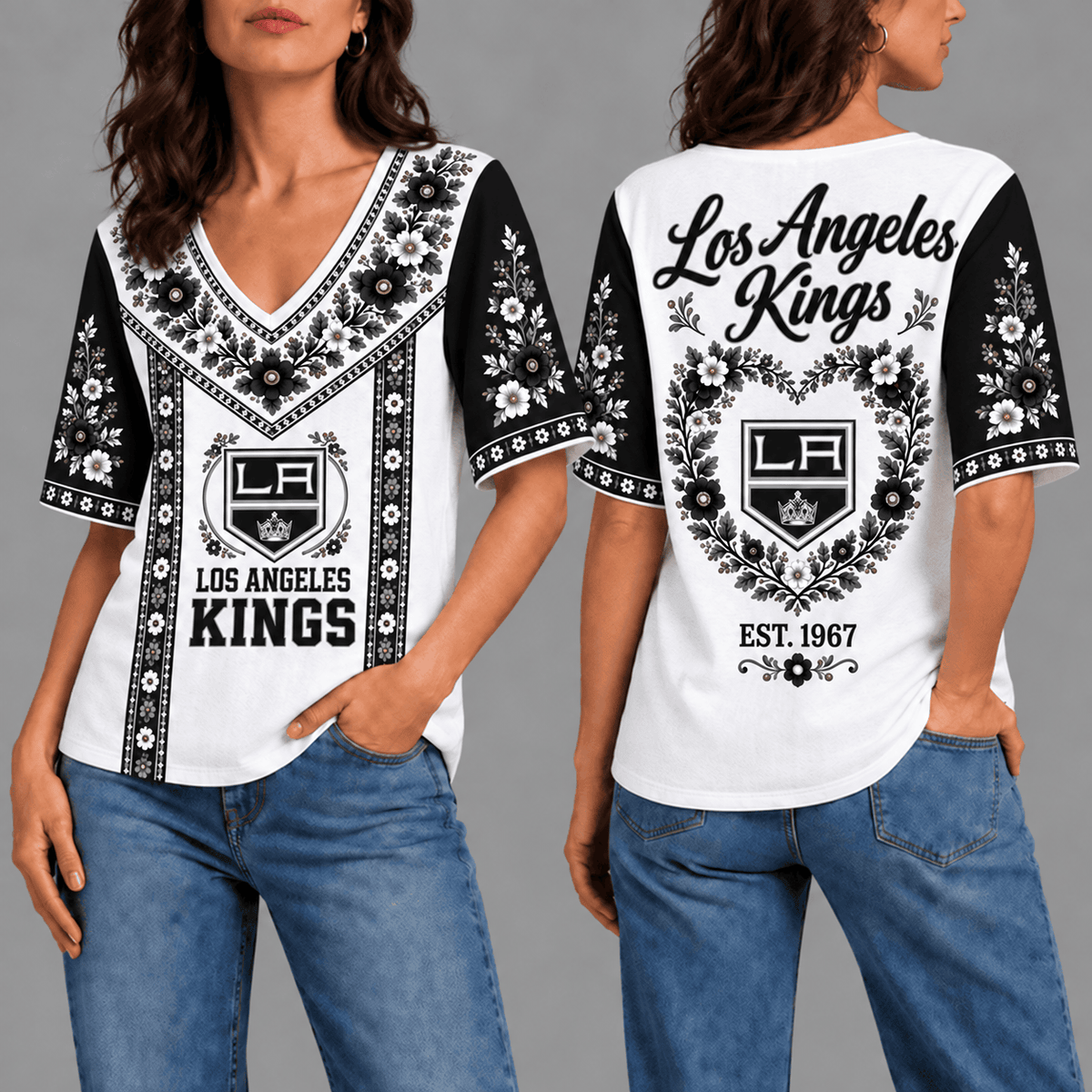 Los Angeles Kings NHL Team Floral V-Neck Shirt for Women