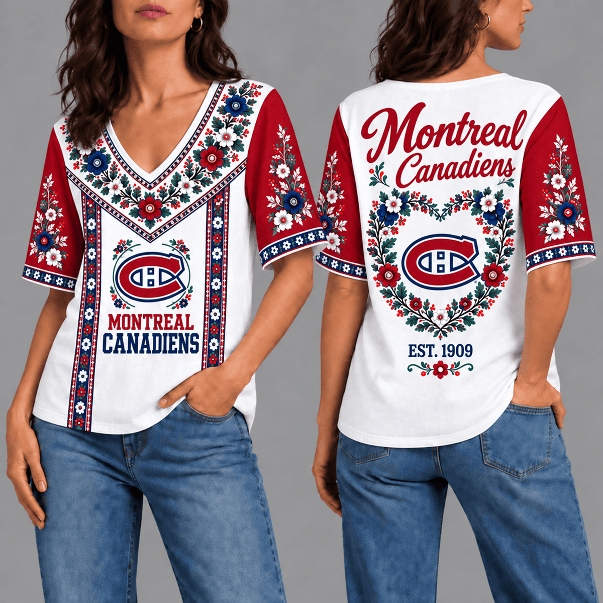 Montreal Canadiens NHL Team Floral V-Neck Shirt for Women