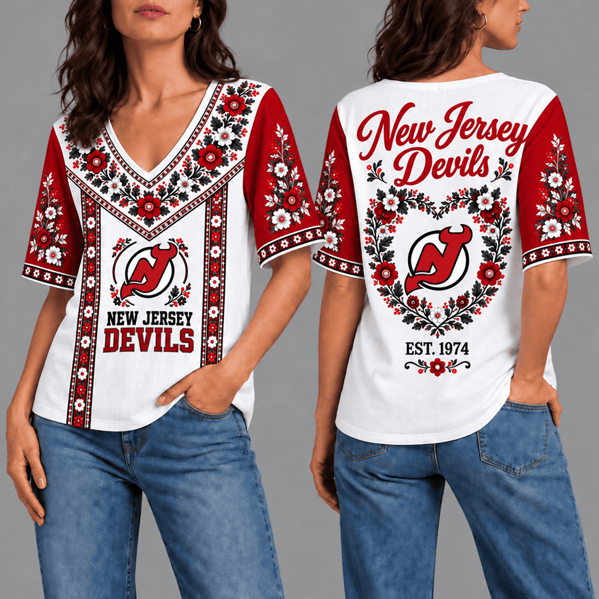 New Jersey Devils NHL Team Floral V-Neck Shirt for Women