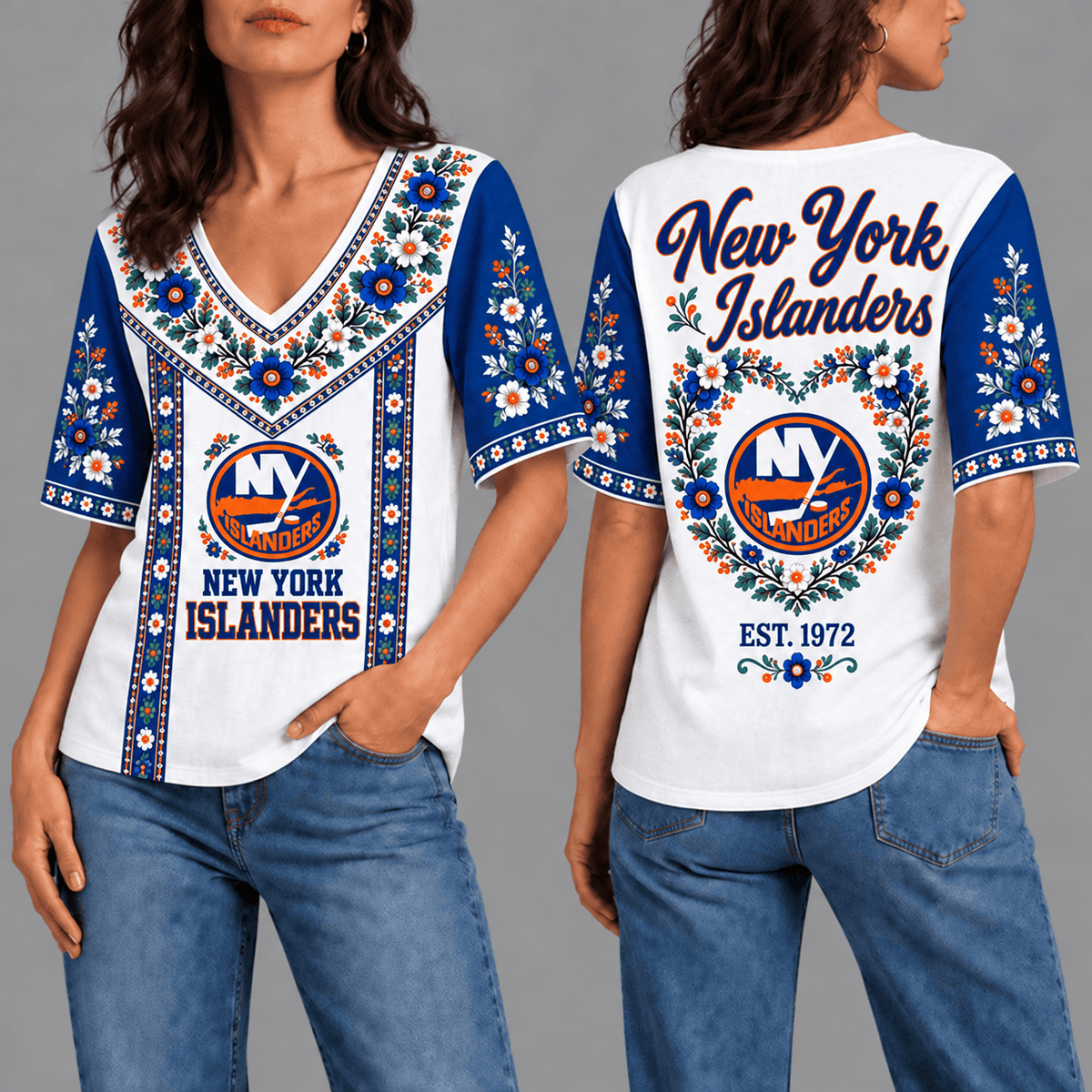 New York Islanders NHL Team Floral V-Neck Shirt for Women