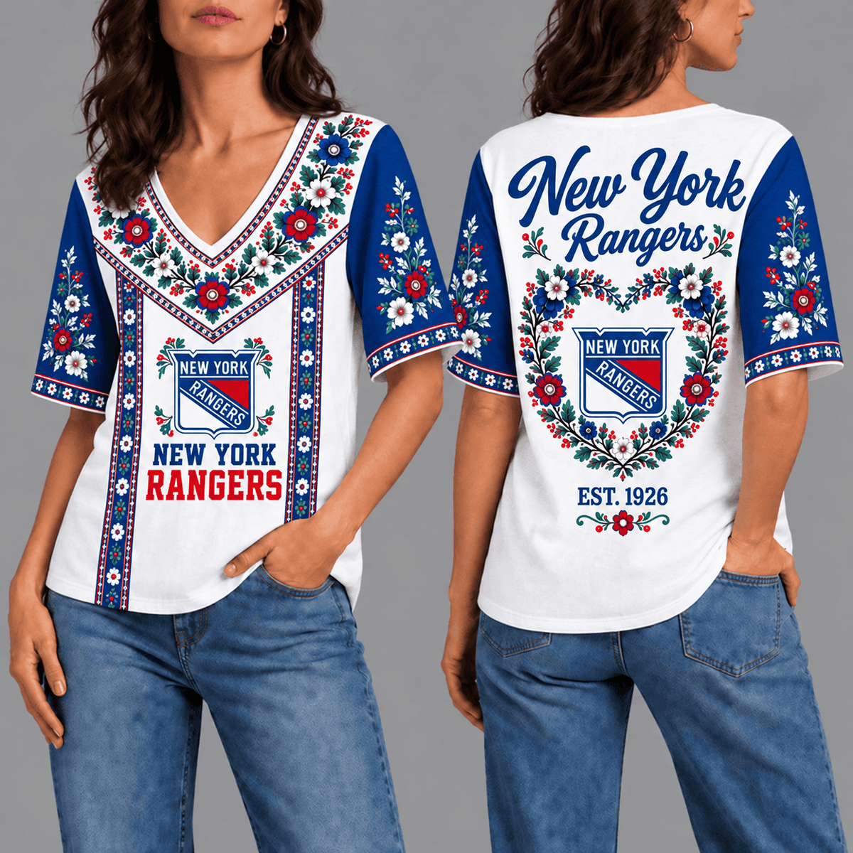New York Rangers NHL Team Floral V-Neck Shirt for Women