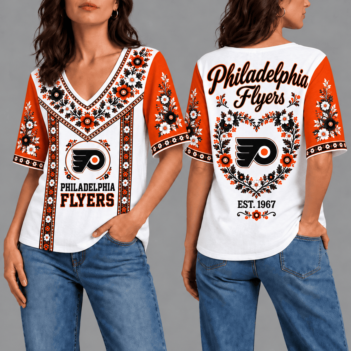 Philadelphia Flyers NHL Team Floral V-Neck Shirt for Women