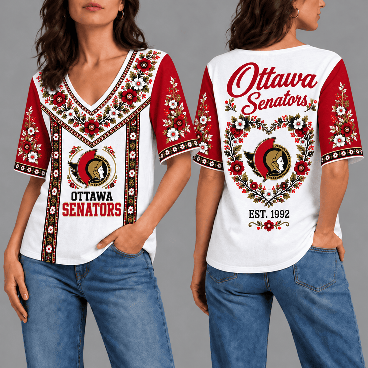 Ottawa Senators NHL Team Floral V-Neck Shirt for Women
