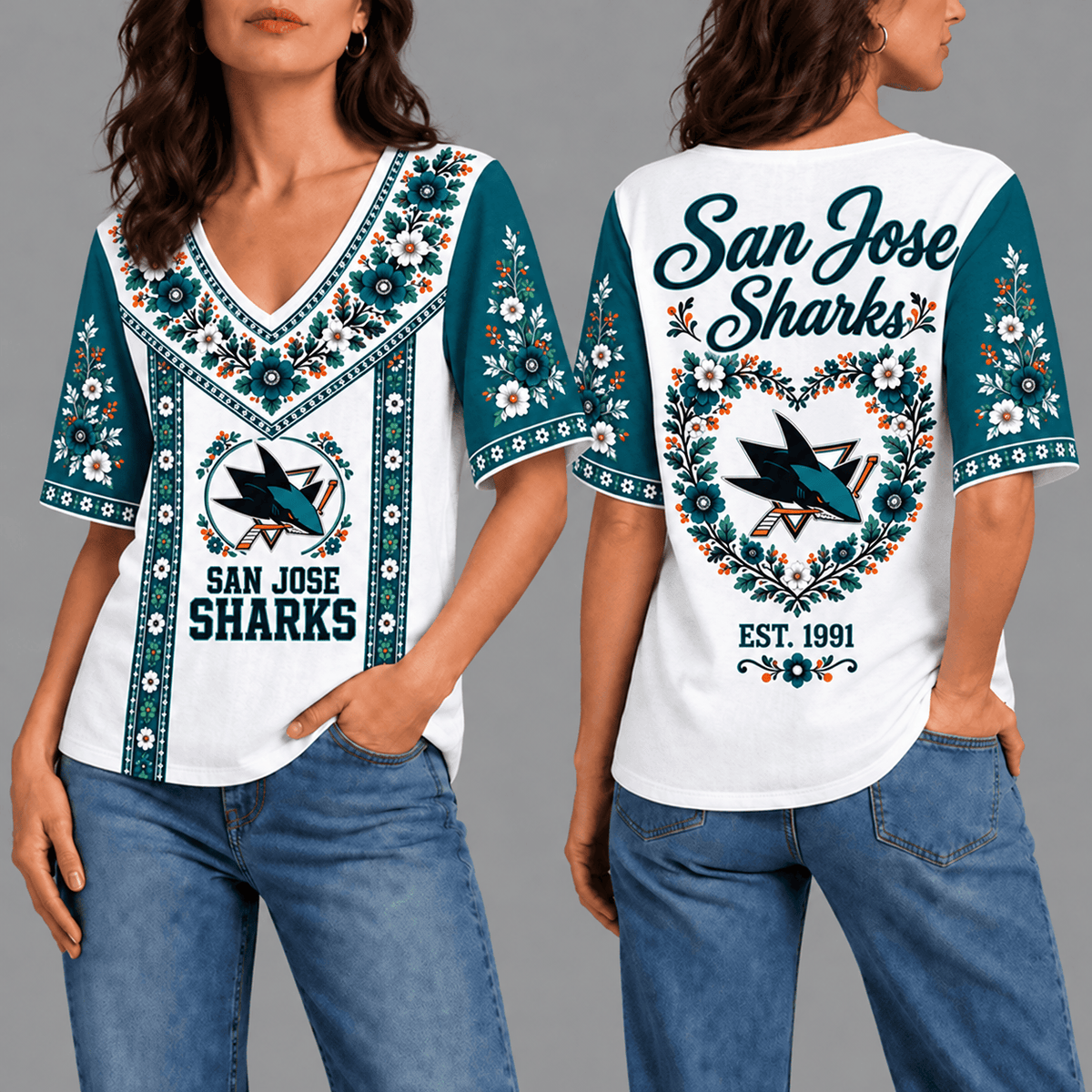 San Jose Sharks NHL Team Floral V-Neck Shirt for Women