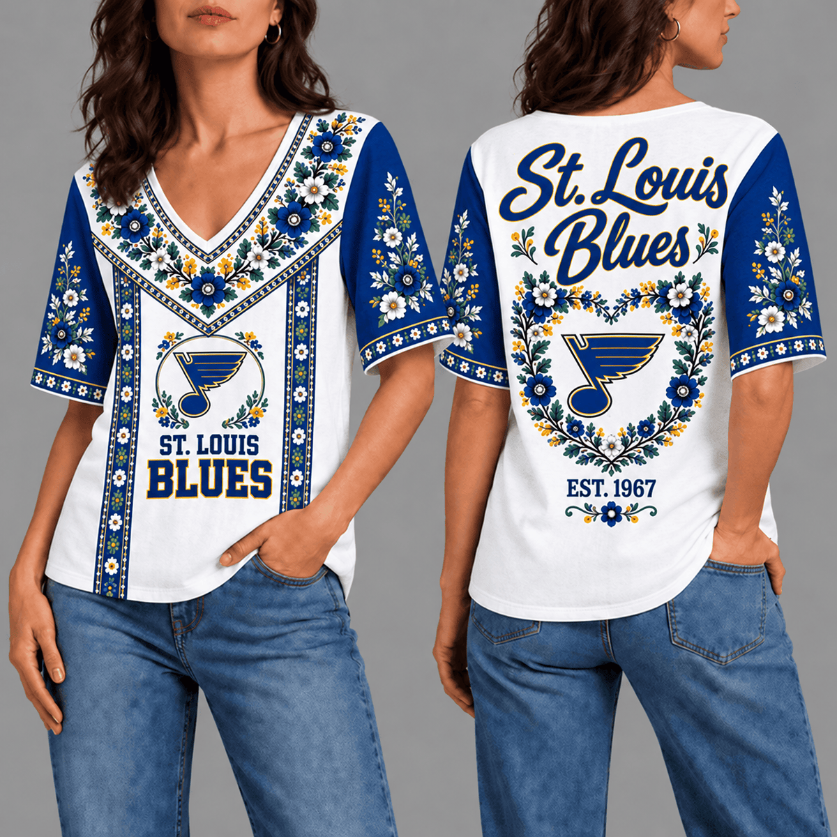 St. Louis Blues NHL Team Floral V-Neck Shirt for Women