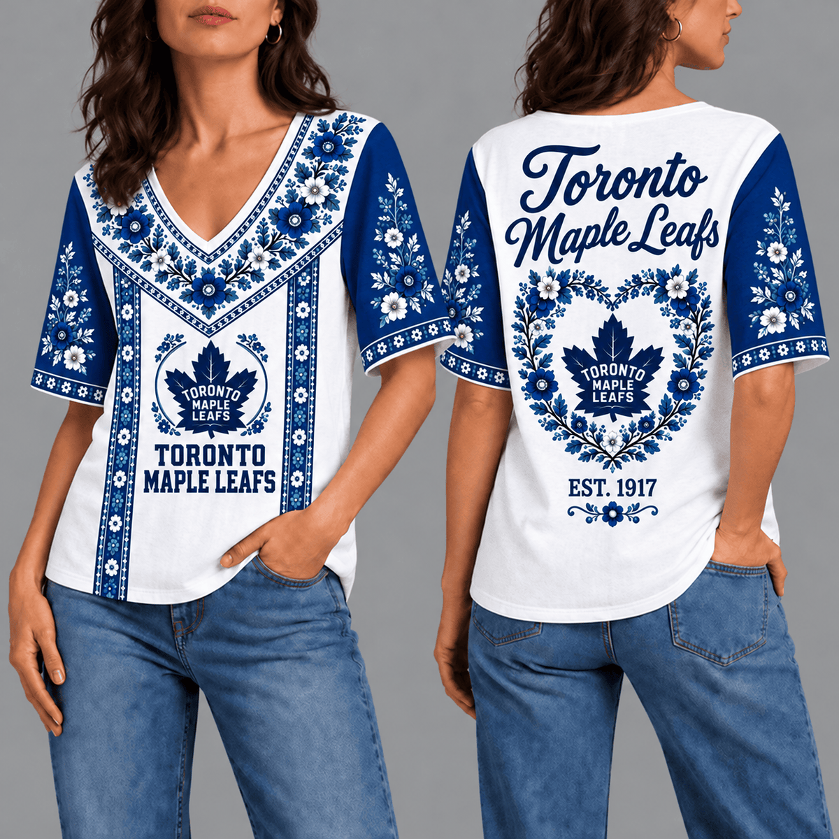 Toronto Maple Leafs NHL Team Floral V-Neck Shirt for Women