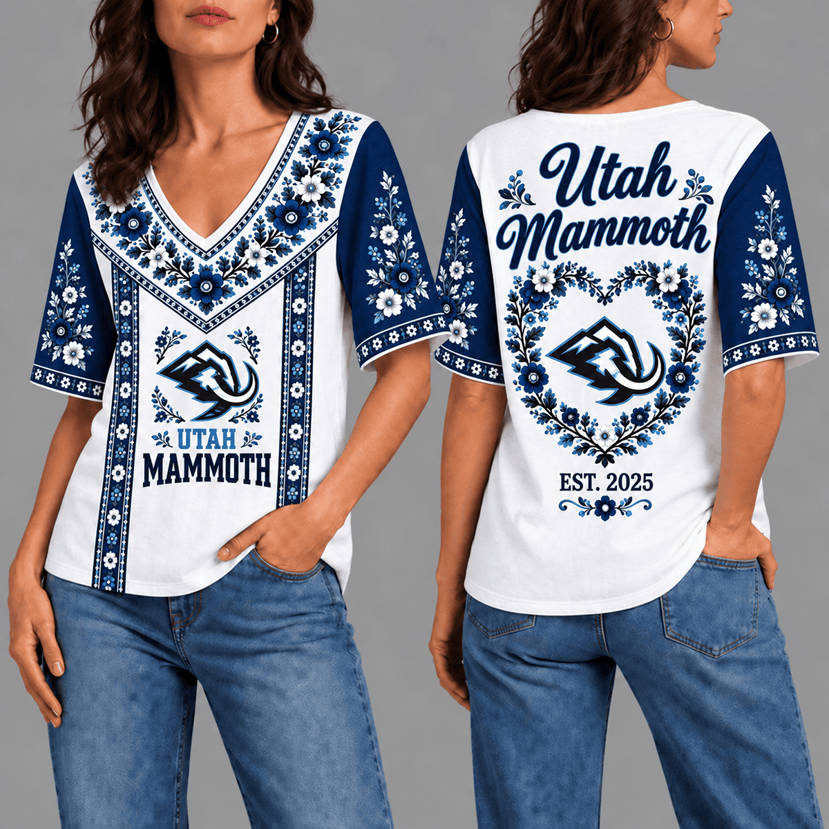 Utah Mammoth NHL Team Floral V-Neck Shirt for Women