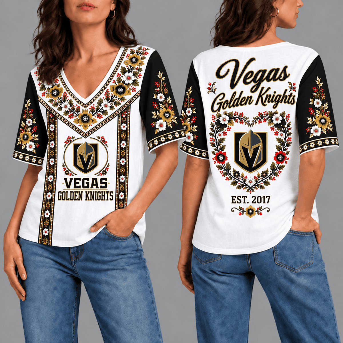 Vegas Golden Knights NHL Team Floral V-Neck Shirt for Women