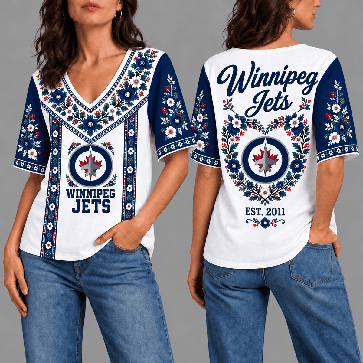 Winnipeg Jets NHL Team Floral V-Neck Shirt for Women