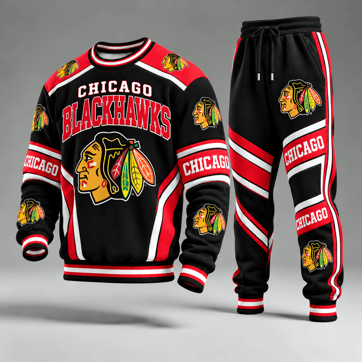 Chicago Blackhawks NHL Hockey Team Crewneck Sweatshirt & Long Pants Set