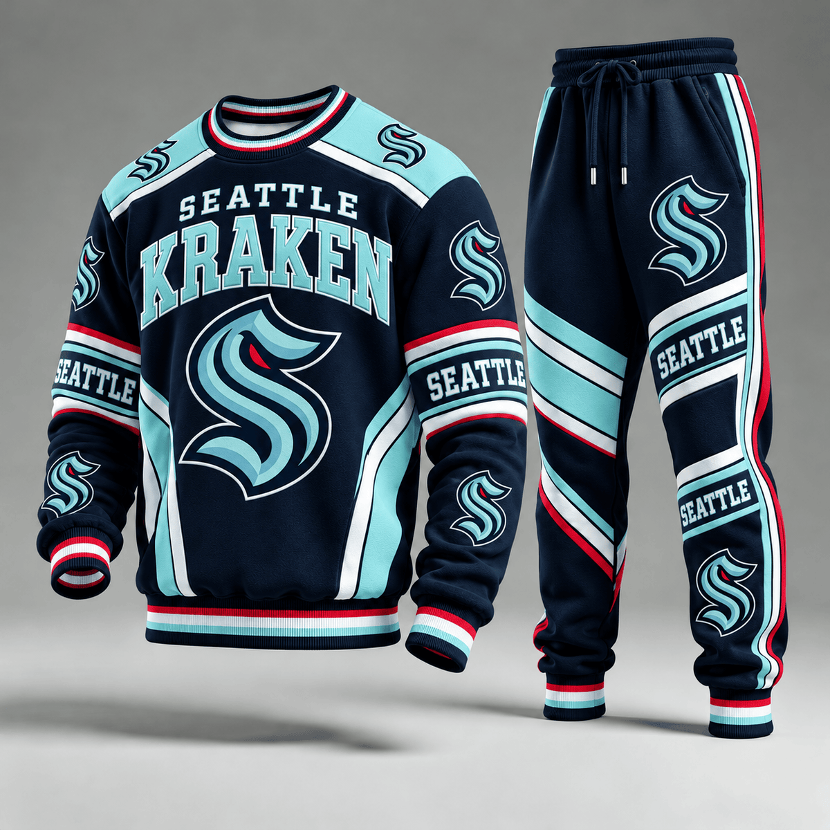 Seattle Kraken NHL Hockey Team Crewneck Sweatshirt & Long Pants Set