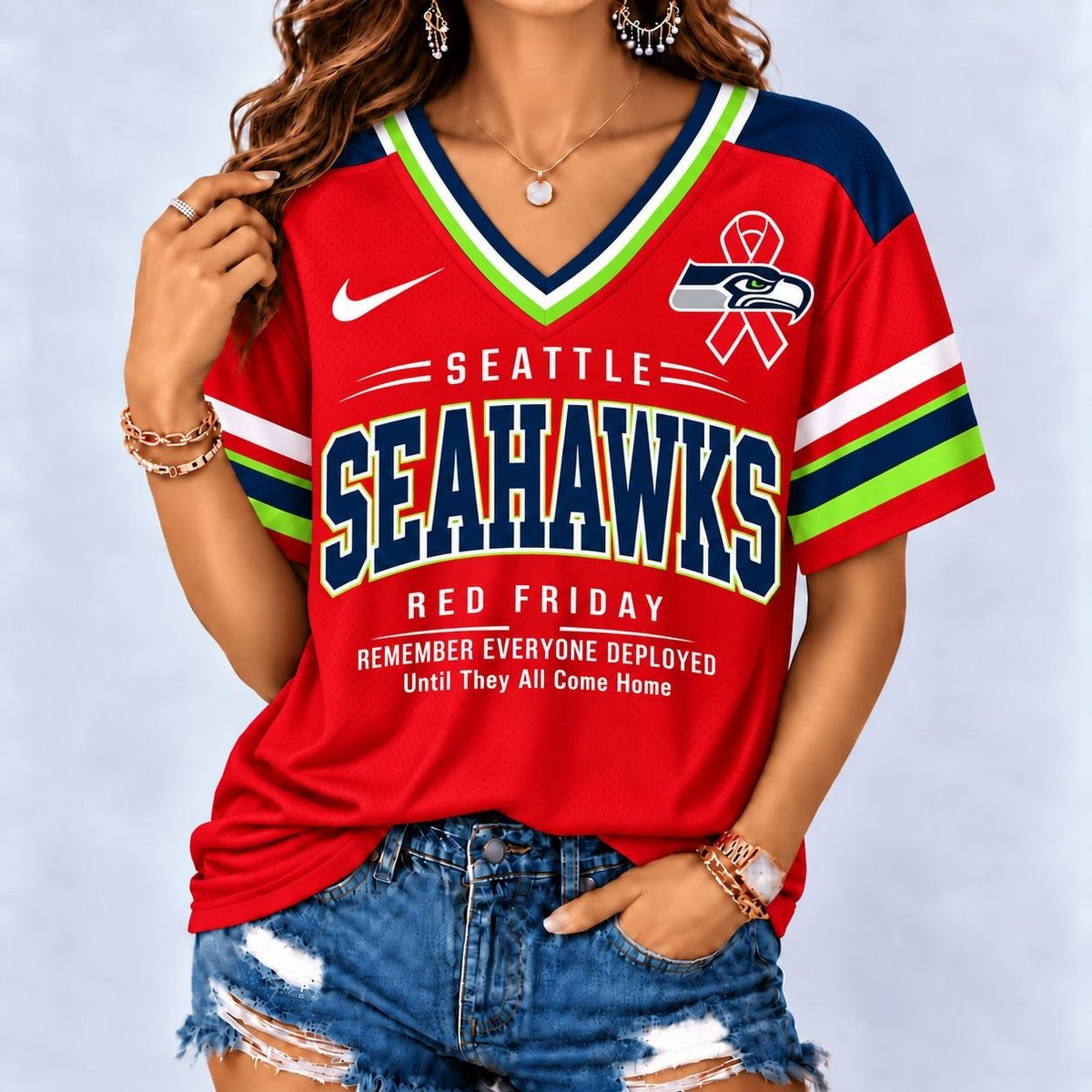 Seattle Seahawks | Premium NFL Red Friday Remember Everyone Deployed V-Neck Shirt