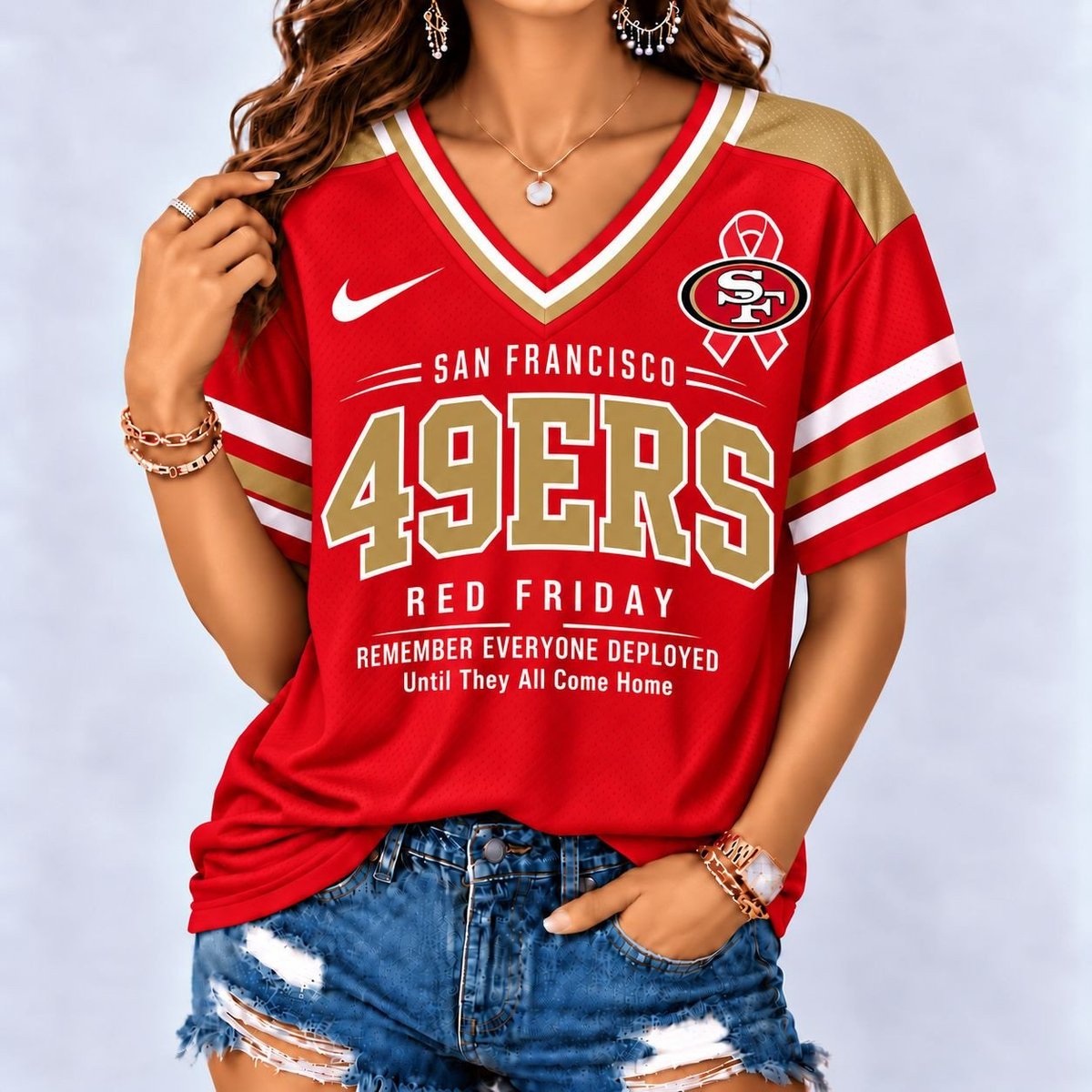 San Francisco 49ers | Premium NFL Red Friday Remember Everyone Deployed V-Neck Shirt