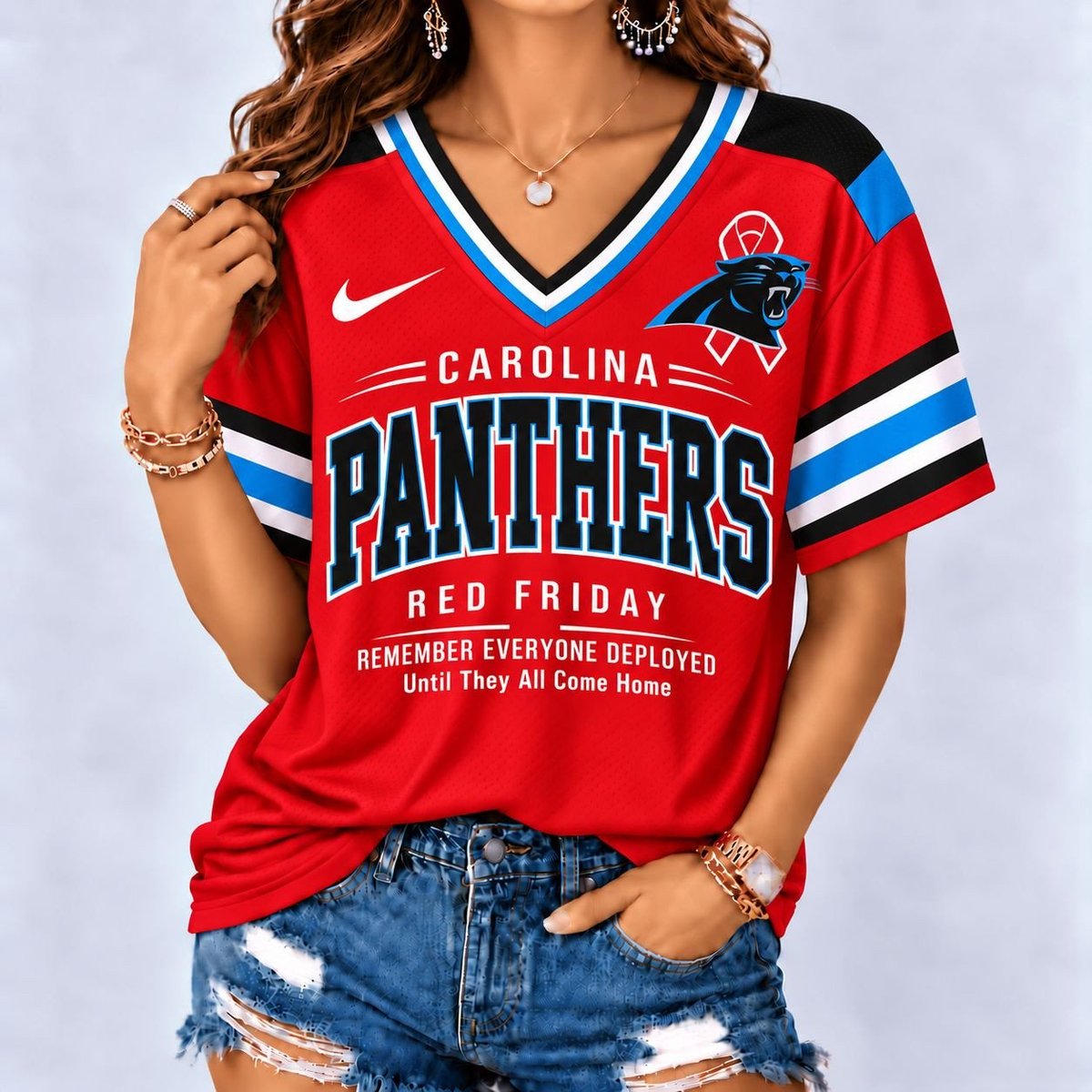 Carolina Panthers | Premium NFL Red Friday Remember Everyone Deployed V-Neck Shirt