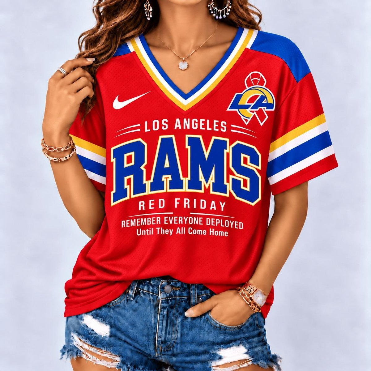 Los Angeles Rams | Premium NFL Red Friday Remember Everyone Deployed V-Neck Shirt