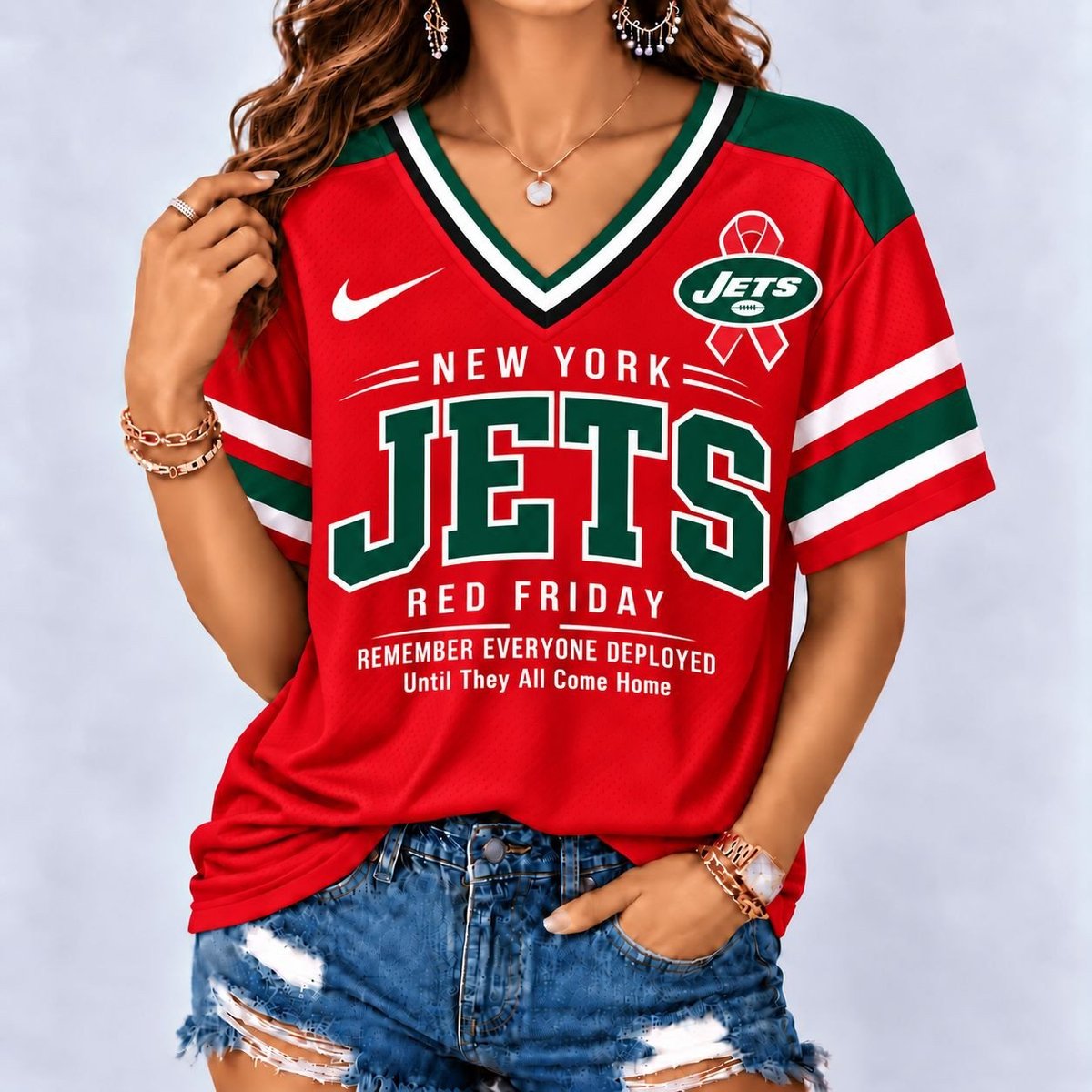 New York Jets | Premium NFL Red Friday Remember Everyone Deployed V-Neck Shirt