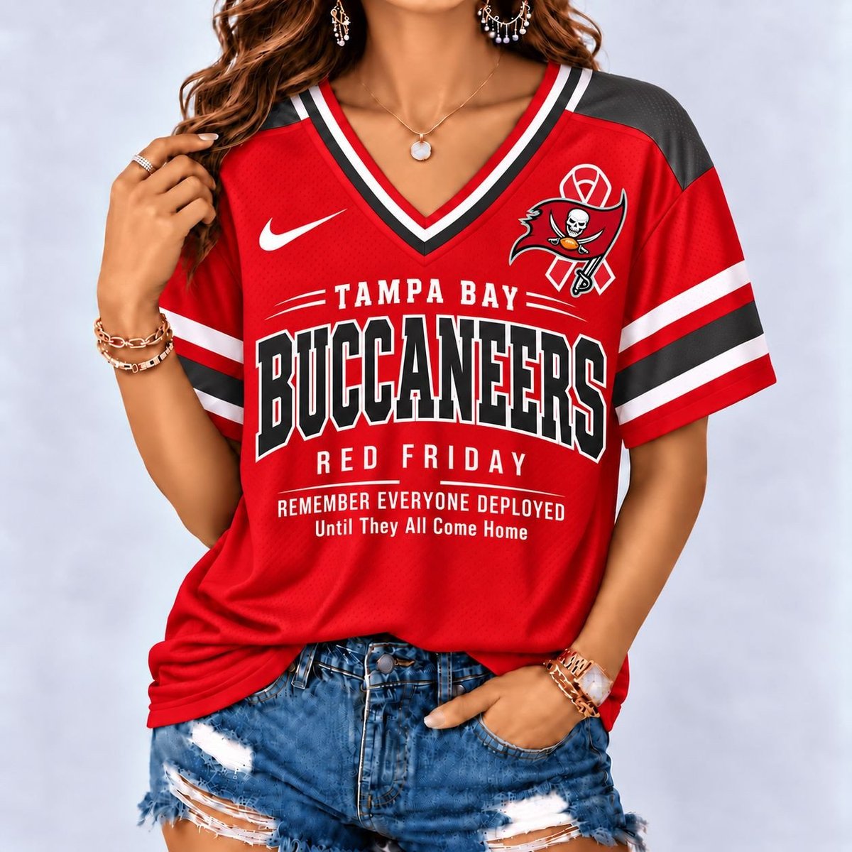 Tampa Bay Buccaneers | Premium NFL Red Friday Remember Everyone Deployed V-Neck Shirt