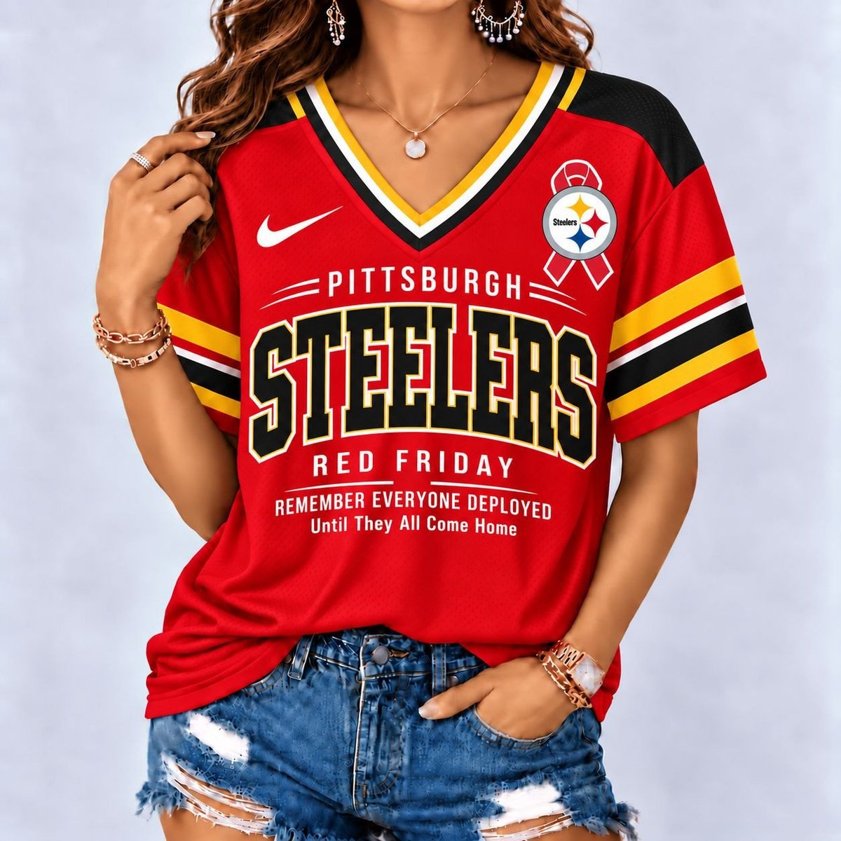 Pittsburgh Steelers | Premium NFL Red Friday Remember Everyone Deployed V-Neck Shirt